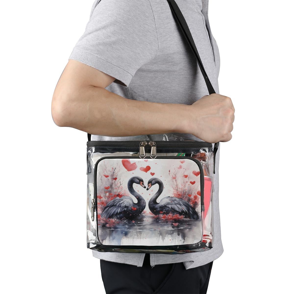 GzLeyigou Clear Heart Shape Tote Bag with Handles - Black Swan Transparent Crossbody Shoulder Bag for Lunch, Travel & Outdoor Activities | Perfect for Picnics, Concerts, Sports Events & Stadium Approved | Fashionable & Functional Carryall for Women