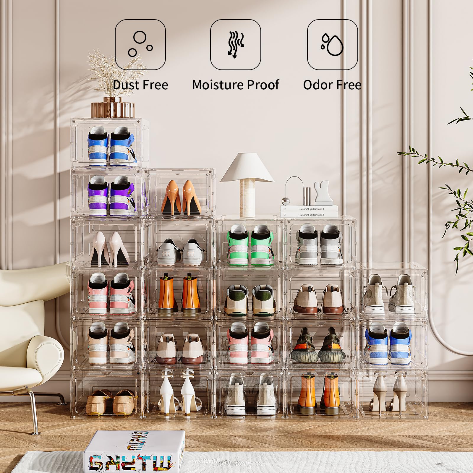 **Upgraded Thickened Clear Plastic Shoe Storage Boxes - 8 Pack Stackable Shoe Organizer with Magnetic Drop Front Door | Sturdy & Large for US Size 14 | Perfect for Closet, Entryway, or Shoe Display Case**