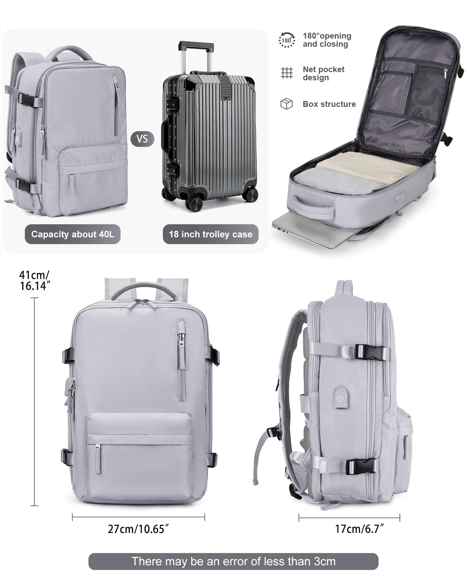 VGCUB 40L Large Travel Backpack for Women & Men - 17 Inch Laptop Business Backpack with Waterproof Laptop Compartment - Airplane Approved Carry-On Backpack for Work, School & Weekend Trips - Grey