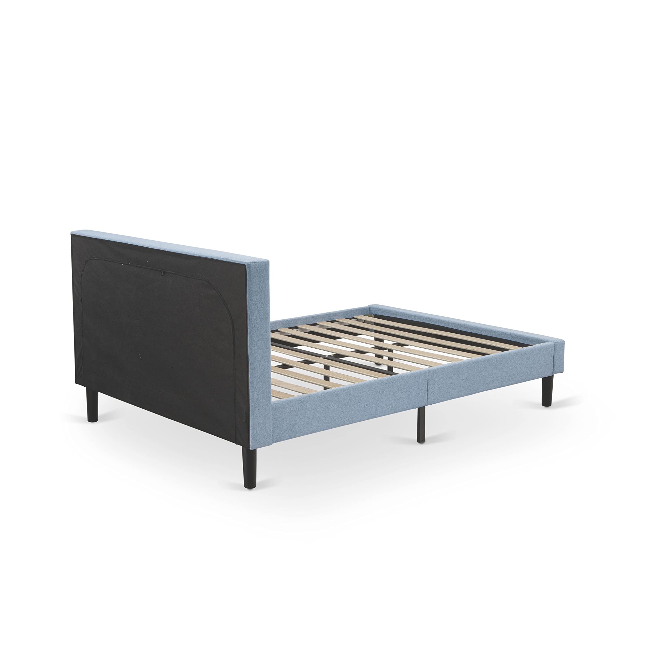 East West Furniture FNF-11-Q Queen Size Upholstered Platform Bed - Denim Blue Linen Fabric with Button Tufted Headboard & Black Legs | Modern Bedroom Furniture for Master Bedroom, Guest Room & Apartment