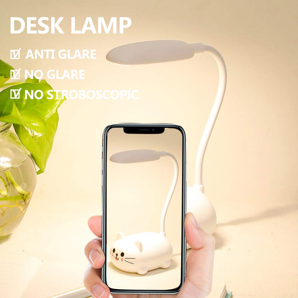 **Kids LED Desk Lamp - Cute Cat Night Light, Flexible Gooseneck Eye-Care Study Lamp for Girls & Boys, Kawaii Cartoon Desk Accessories Gift (White) - Perfect for Bedroom, Study Room & Night Reading**