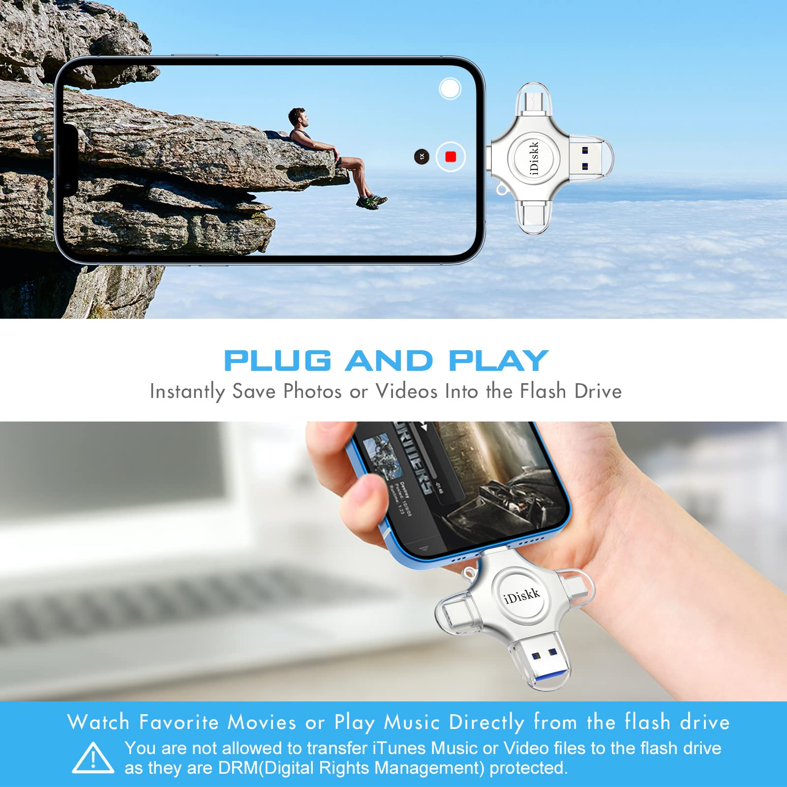 iDiskk 512GB Photo Stick for iPhone - 4-in-1 Lightning USB Flash Drive with USB-C - External Memory Storage for iPhone, iPad, Android, Mac & PC - Perfect for Photos, Videos, Files Backup & Transfer