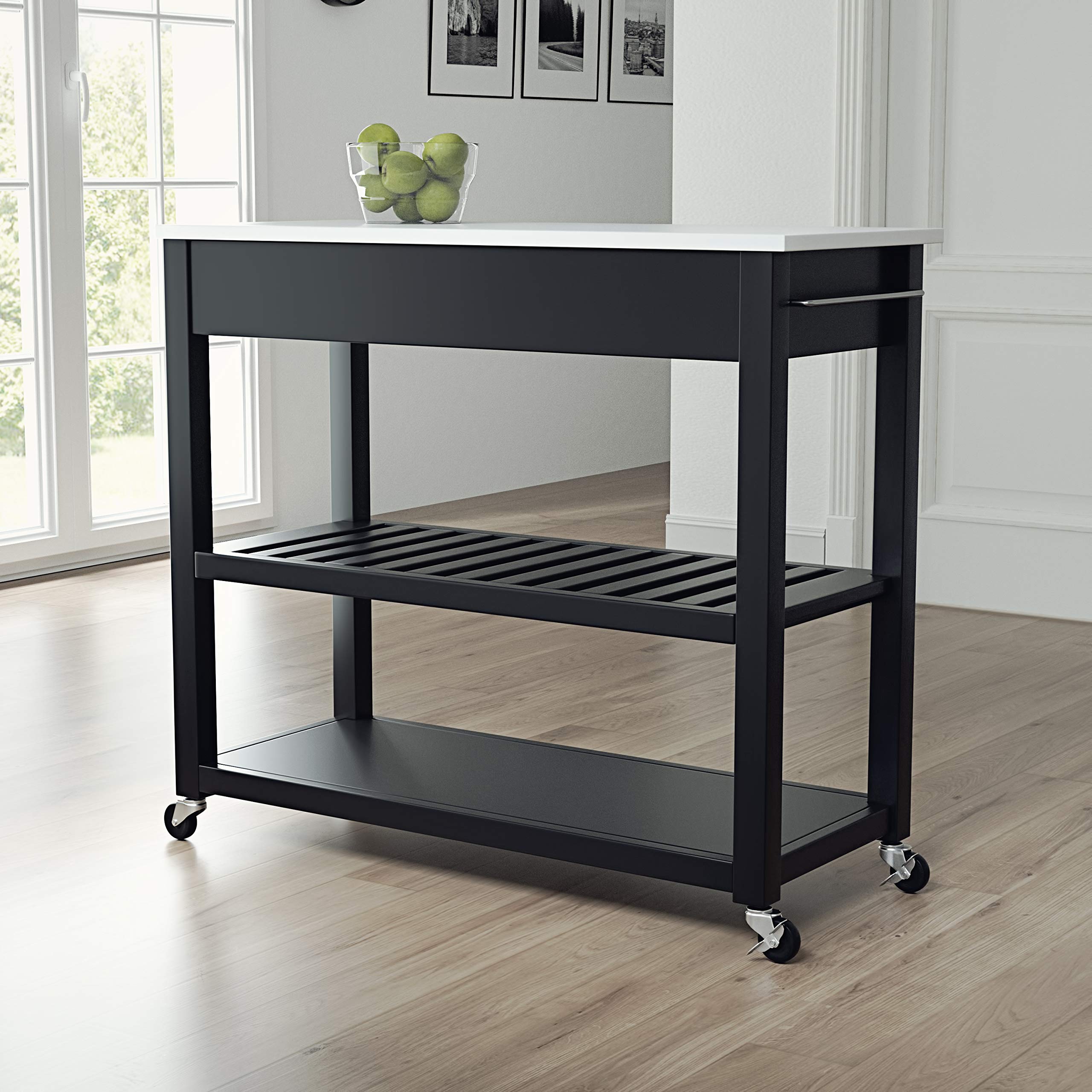 Crosley Black Stone Top Kitchen Prep Rolling Cart with Shelves - Microwave Stand, Coffee Bar, Mobile Kitchen Island for Small Spaces, Perfect for Apartments & Dorm Rooms