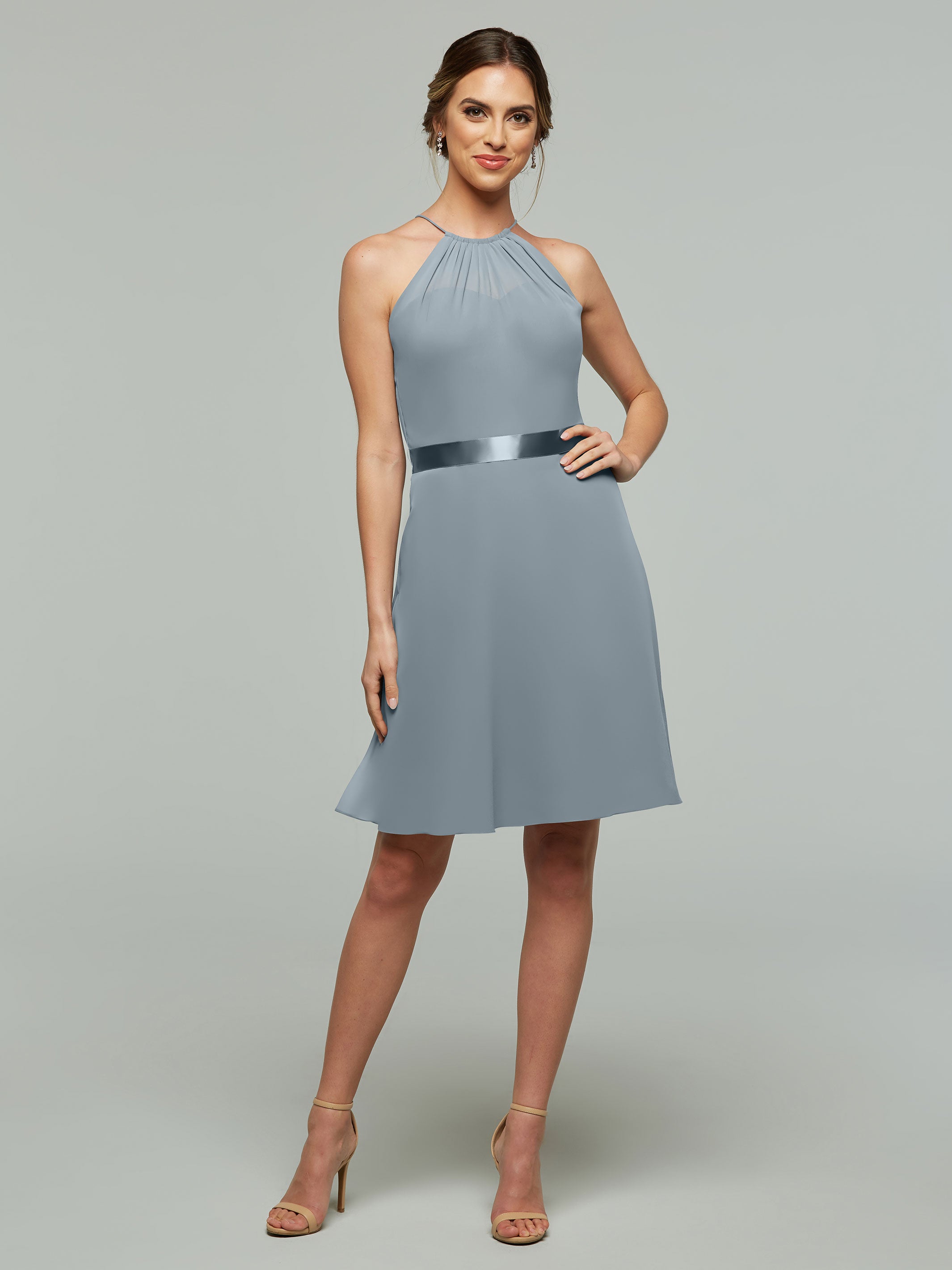 Elegant 80042 Knee-Length Chiffon Bridesmaid Dress with Halter Neckline & Keyhole Back - Perfect for Weddings, Formal Events & Special Occasions
