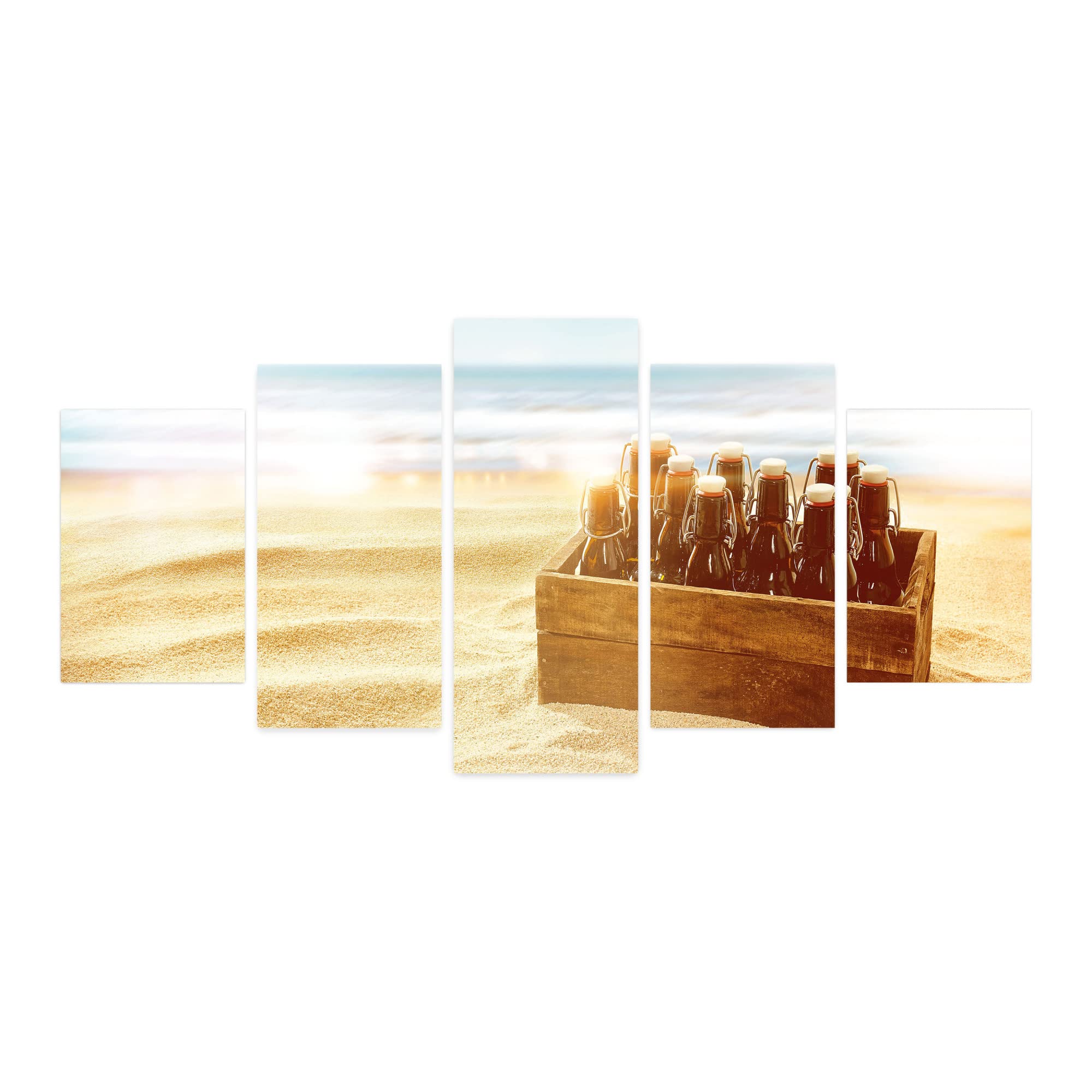 Ambesonne 5-Panel Beach Wall Art - Sunny Coastal Vacation Scenery with Beer Bottles in Wooden Crate on Sand - 60x30 Inch Acrylic Glass Painting for Living Room, Bedroom, Dorm Decor - Pale Camel & Caramel - Perfect for Beach House, Coastal Theme or Summer Decor