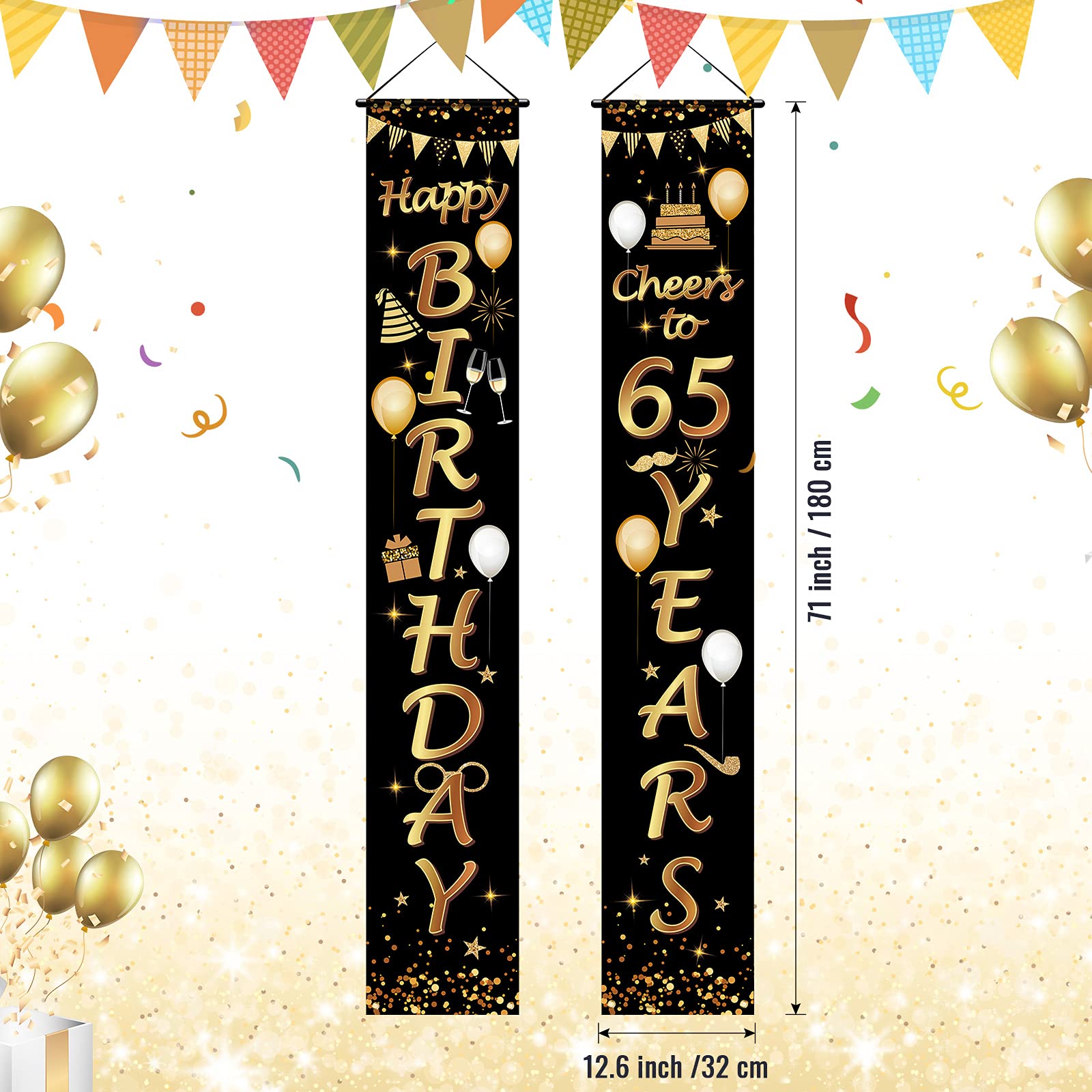 2-Pack Black & Gold 65th Birthday Party Decorations - Cheers to 65 Years Banner & Porch Sign (71