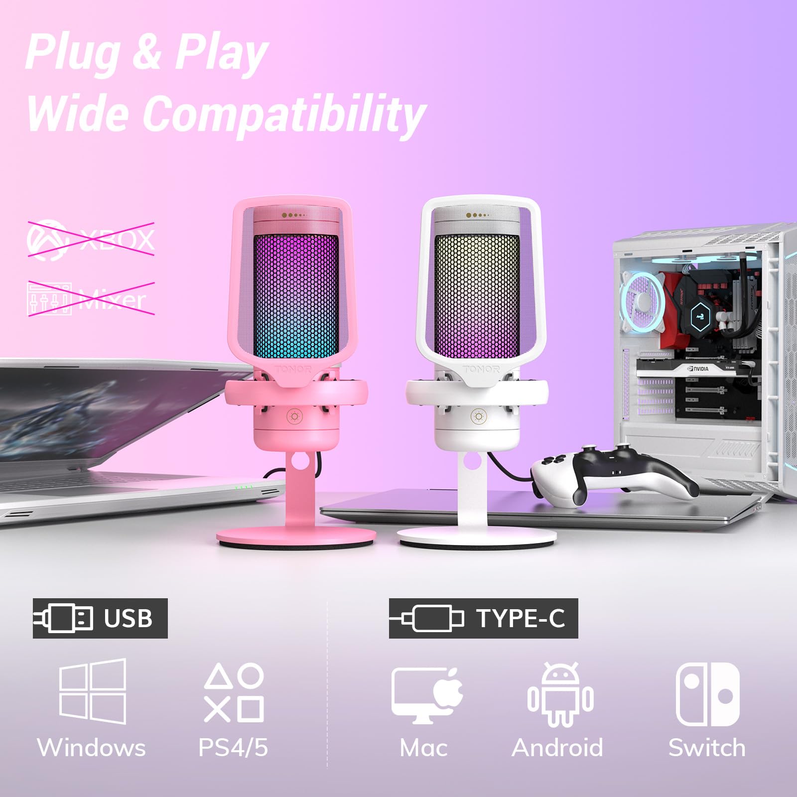 TONOR TC320 USB Gaming Microphone with RGB Lighting & Gain Control - Condenser PC Mic for Streaming, Podcasting, Recording on Twitch, YouTube, Discord - Compatible with Mac, PS4, PS5, Nintendo Switch - Perfect for Home Studios & Professional Content Creation (White)