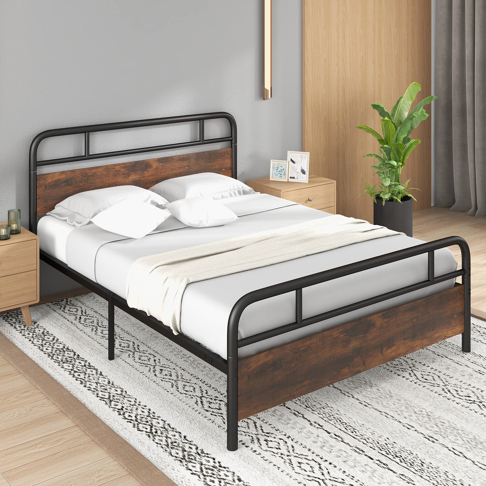 Giantex Queen Size Metal Bed Frame with Wood Headboard & Footboard - Heavy Duty Platform Bed with Reinforced Metal Slats, No Box Spring Needed - Rustic Brown Industrial Style Bed Frame for Bedroom, Guest Room, or Dorm