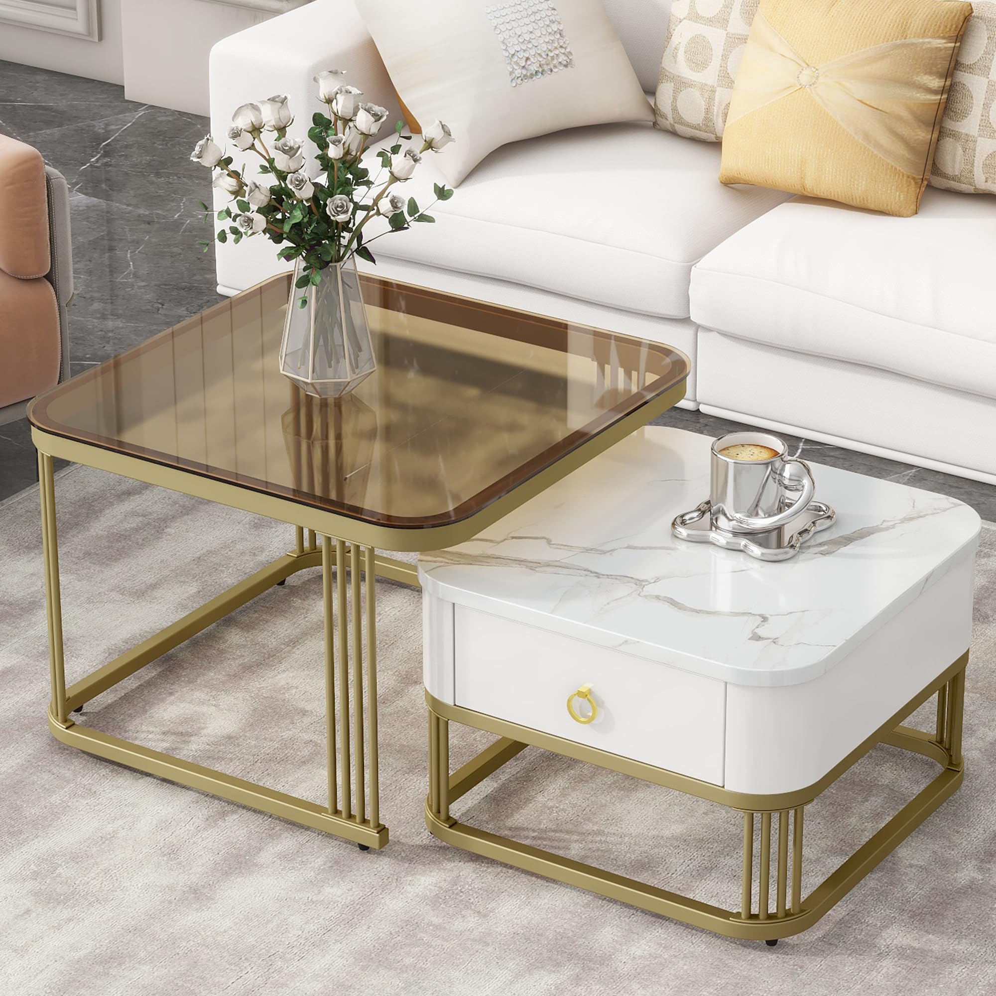 Modern Nesting Coffee Table Set with Drawer - Square Stacking Design with Tempered Glass & High Gloss Faux Marble Top - Sturdy Metal Frame Living Room Furniture - White - Perfect for Small Spaces, Apartments and Contemporary Home Decor