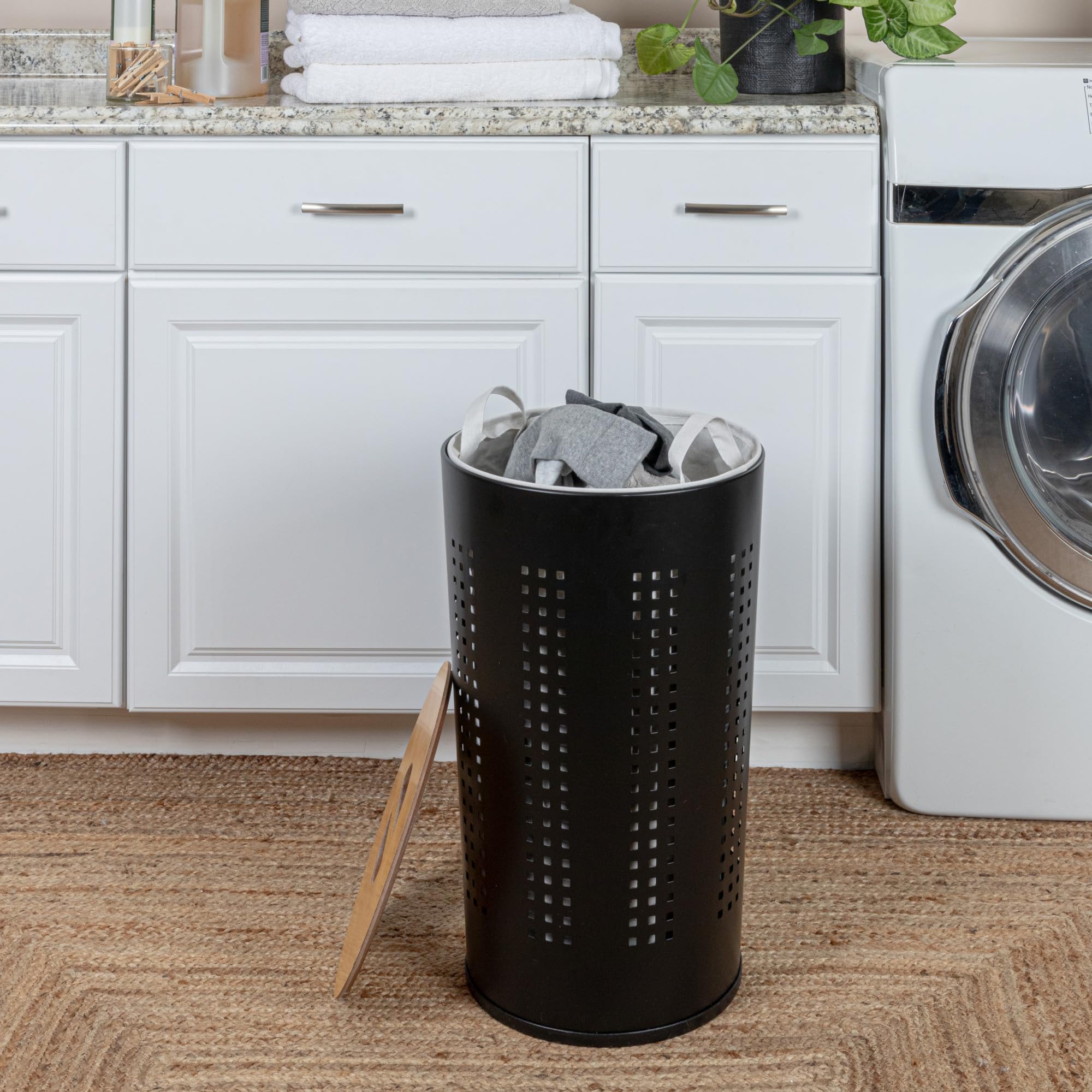 Stainless Steel Laundry Hamper with Lid - 18 Inch Round Clothes Hamper Basket for Bedroom, Bathroom & Laundry Room - Durable Matte Black Laundry Organizer for Home Essentials