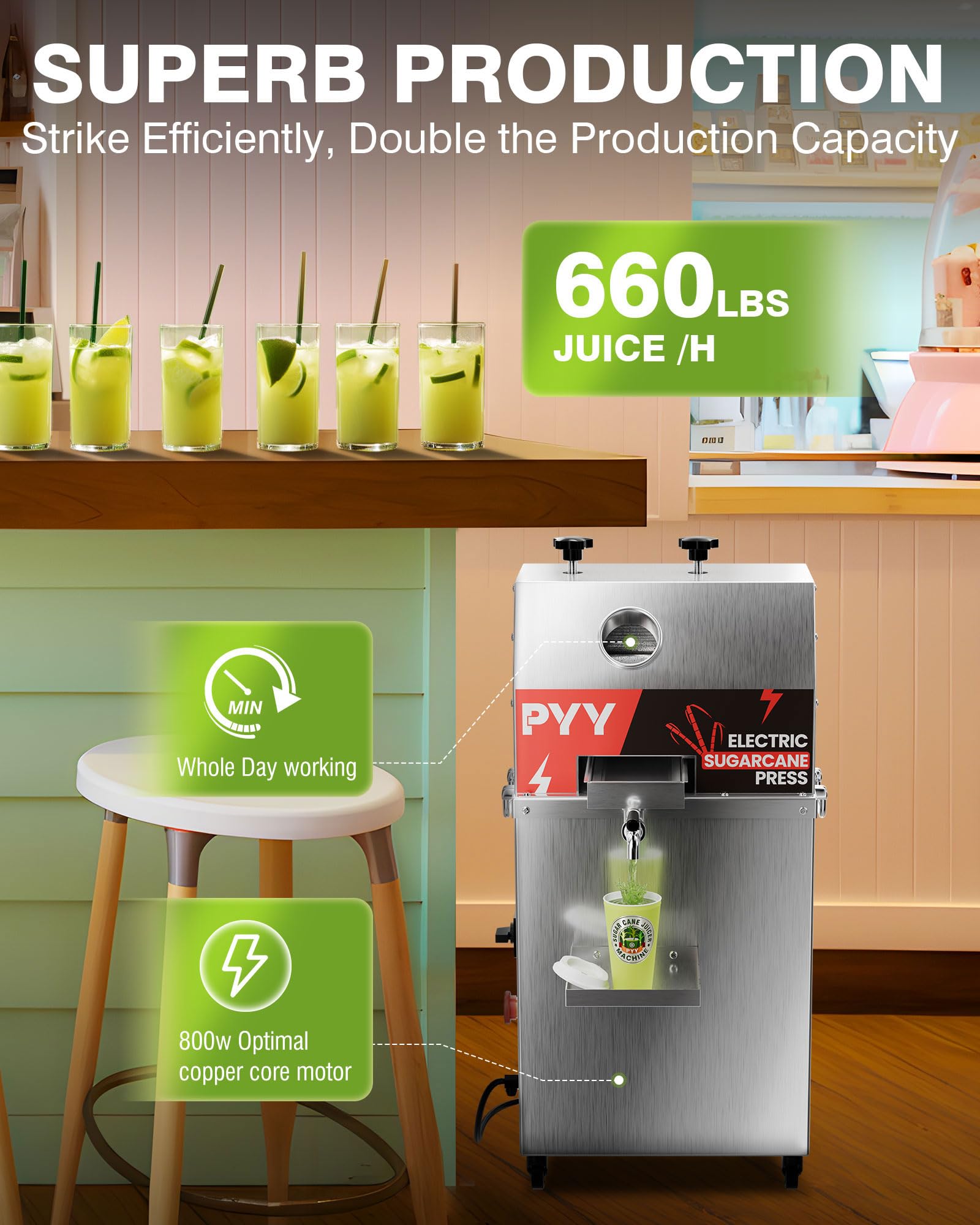 Commercial 800W Electric Sugar Cane Juicer Machine - 3-Rollers Stainless Steel Extractor with Cleaning Brush & 2 Peelers, 110V (Guarapera de Caña de Azúcar Eléctrica) - Perfect for Juice Bars, Restaurants, and Home Use