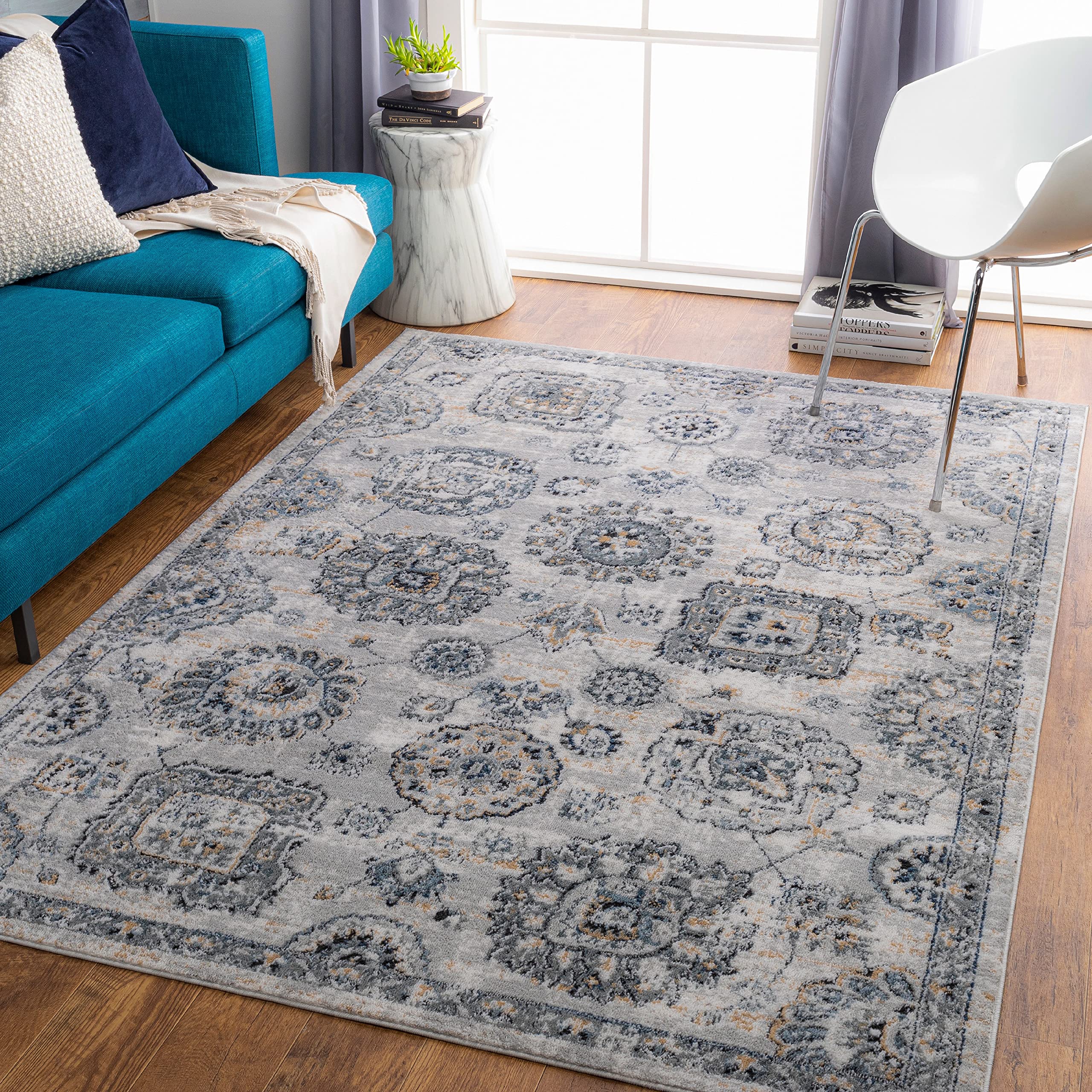 Mark&Day 8x10 Traditional Medium Gray Area Rug with Blue Accents – Soft & Durable Carpet for Living Room, Bedroom, Kitchen – Perfect for Home Decor & Cozy Spaces (7'10