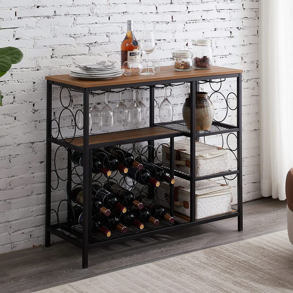 Hombazaar Industrial Wine Rack Console Table with Glass Holder & Storage - Rustic Brown Wine Bar Cabinet for Kitchen, Dining Room & Home Decor | Perfect for Entertaining & Wine Display