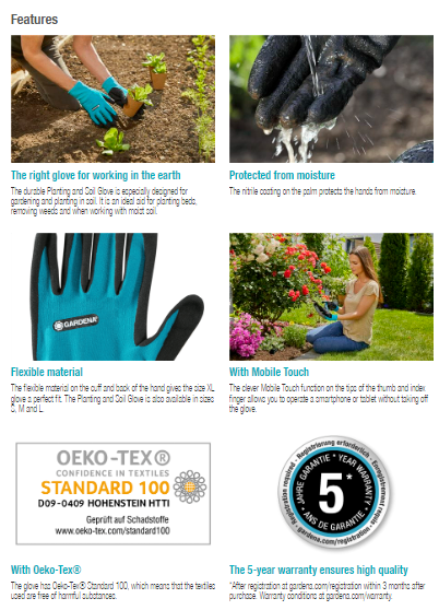 Gardena Planting and Soil Gloves XL 11513 20 - Durable Gardening Gloves for Planting, Digging & Soil Work - Perfect for Landscaping, Farming & Outdoor Gardening