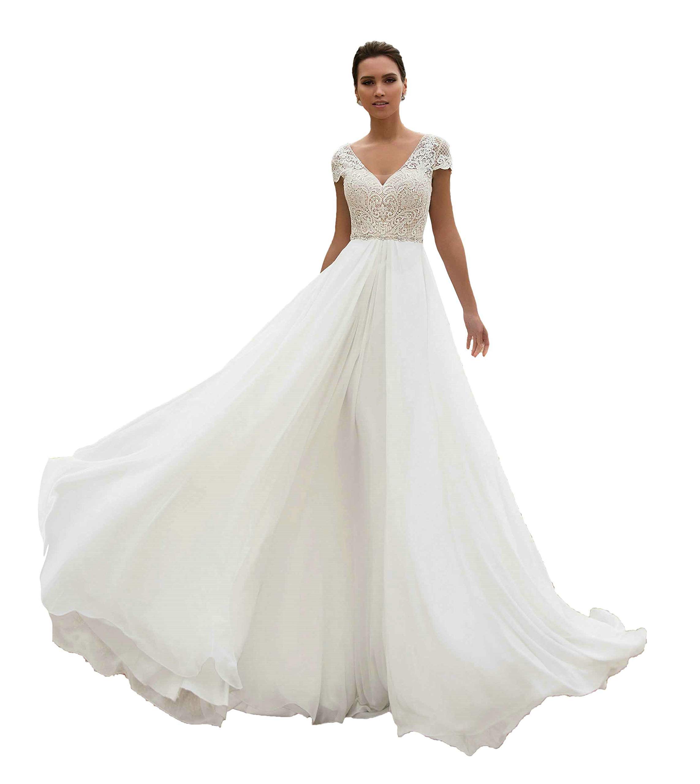 **Elegant Women's Chiffon Boho Beach Wedding Dress – V-Neck Beaded Lace Formal Gown for Brides, Beach Ceremonies & Destination Weddings**