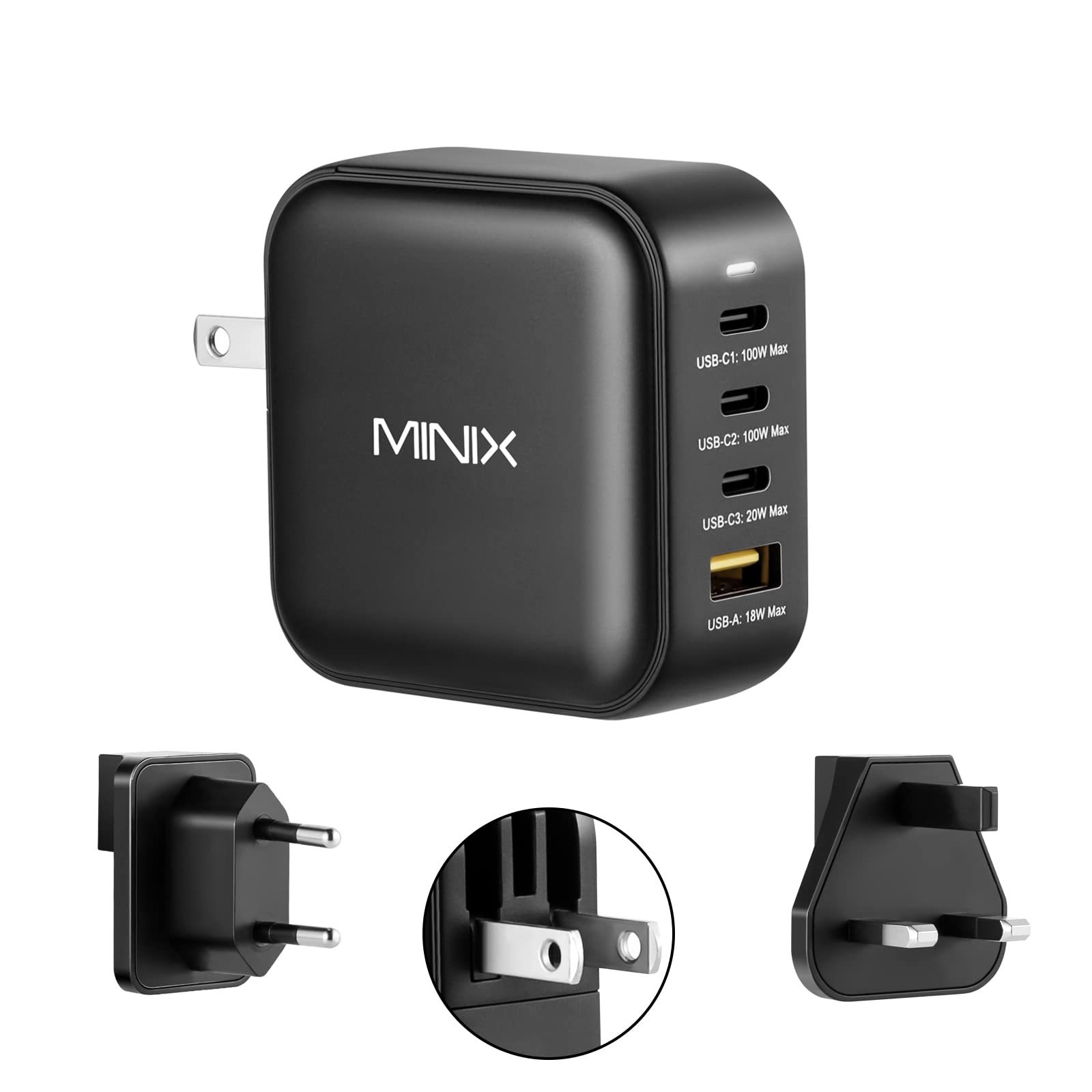 MINIX NEO P3 100W Turbo 4-Ports GaN Wall Charger - Fast Charging Adapter with 3 USB-C Ports (100W/20W) & 1 USB-A Port (18W) - Compatible with MacBook Pro/Air, iPad Pro, iPhone 13/12, Galaxy S9 & More - Perfect for Travel, Office & Home Charging