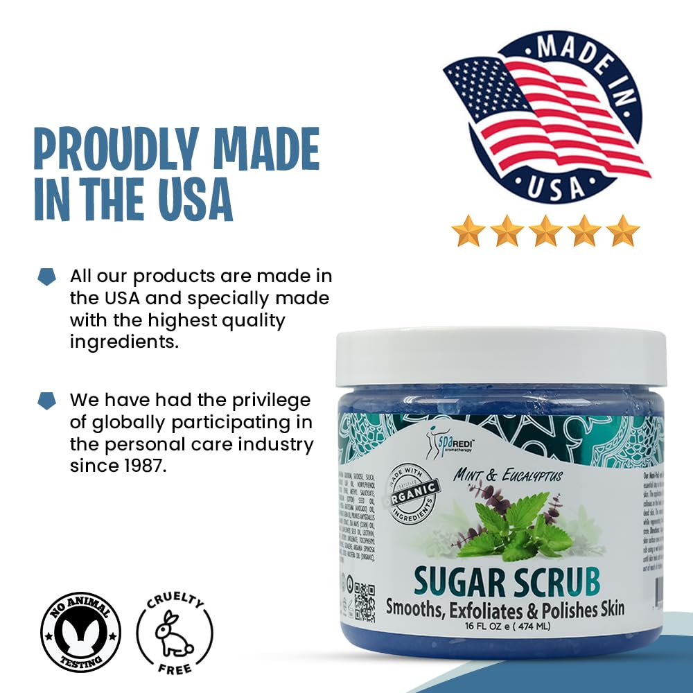 SPA REDI - Mint & Eucalyptus Sugar Body Scrub 16 Oz - Exfoliating & Moisturizing for Smooth, Glowing Skin - Hydrating Body Polish with Natural Ingredients - Perfect for Spa Day, Dry Skin Care & Self-Care Routine