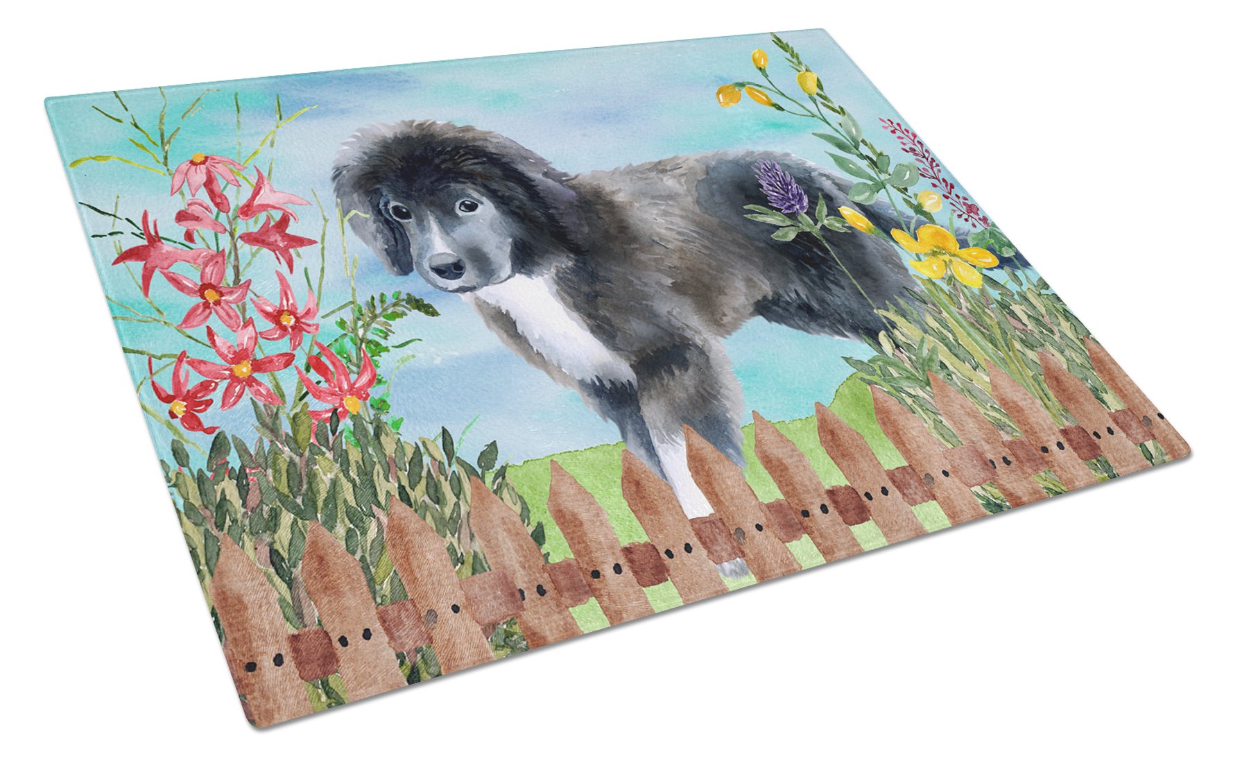 Newfoundland Puppy Spring Glass Cutting Board - Large Tempered Glass Kitchen Chopping & Serving Board - Decorative & Durable for Food Prep, Cheese Platters, and Party Serving