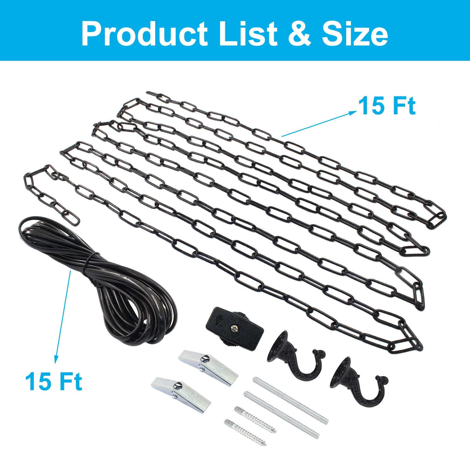 Swag Light Kit with 15 Ft Chandelier Chain & Cord - Includes Switch & 2 Hooks - Black Hanging Lamp Kit for Pendant, Ceiling & Fan Lights - Perfect for Bedroom, Living Room & Dining Room Lighting