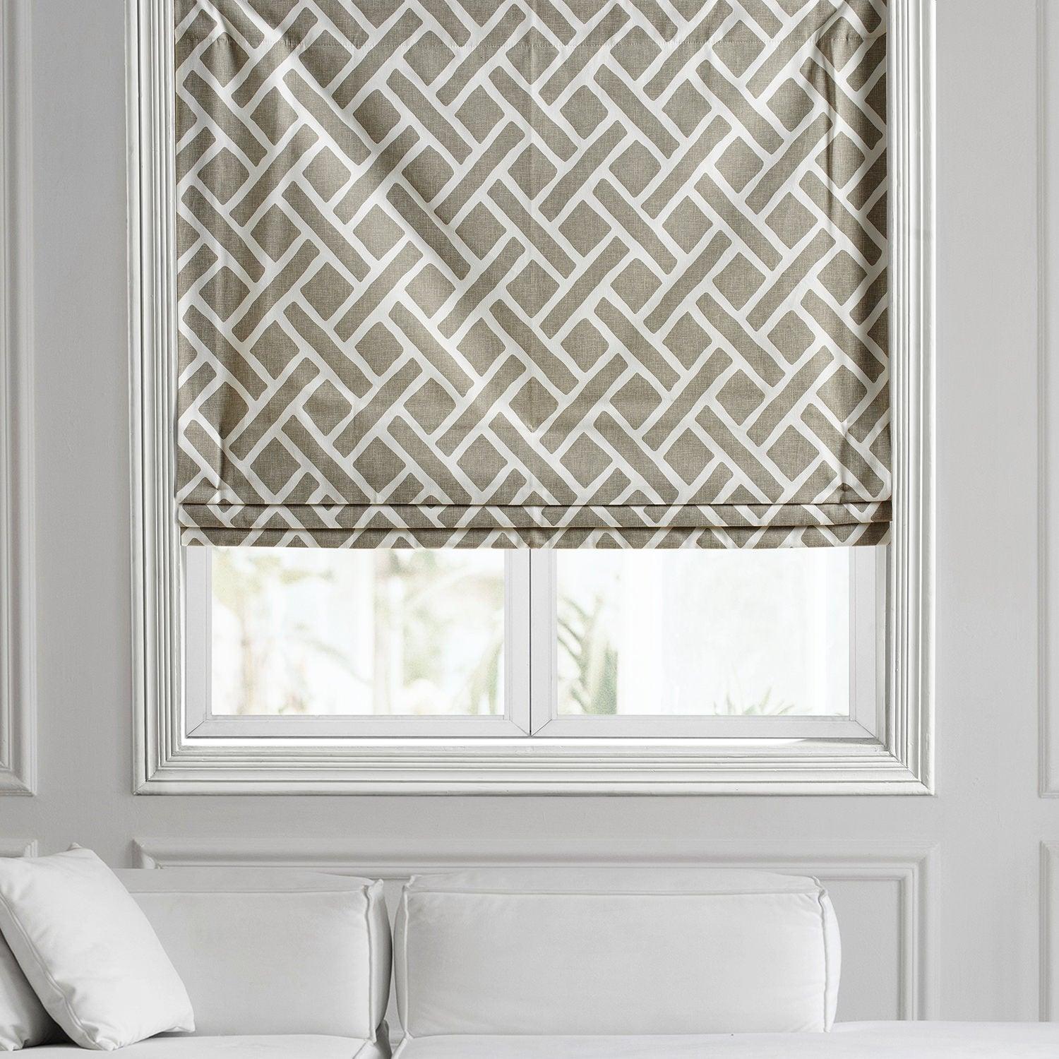 Martinique Taupe Geometric Printed Cotton Roman Shade - Elegant Window Treatment for Living Room & Bedroom