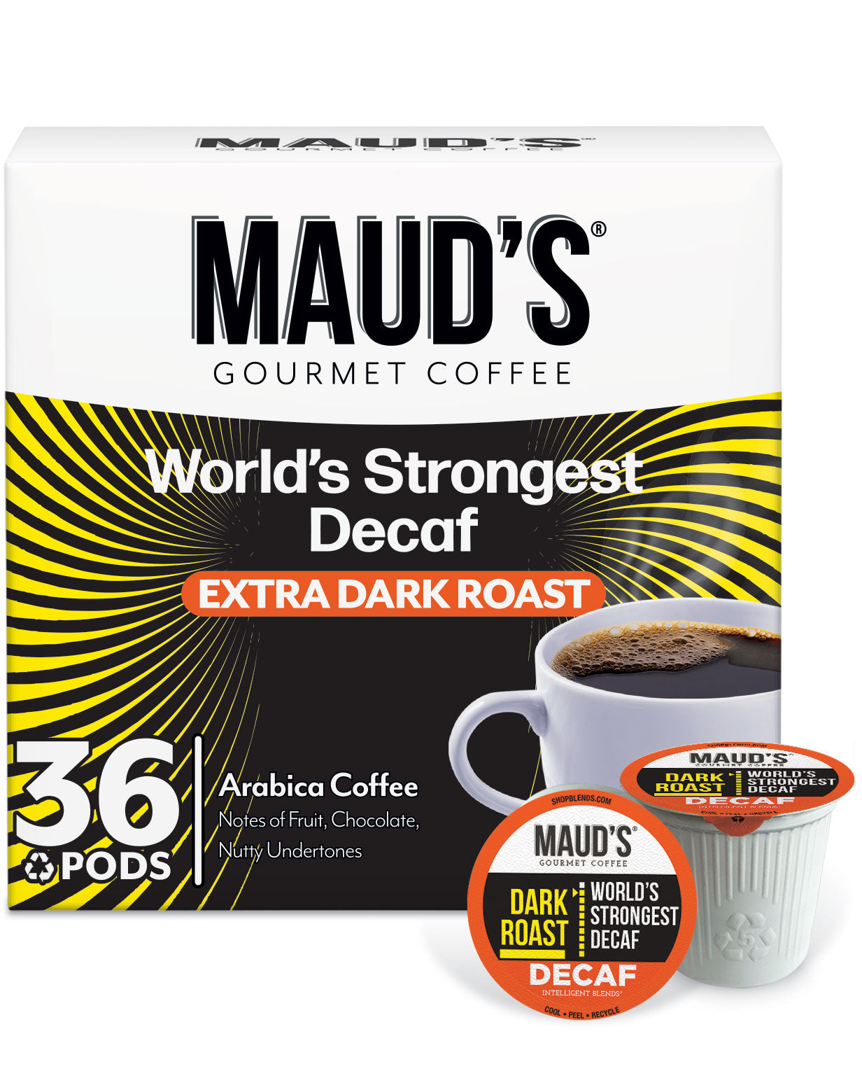 Maud's World's Strongest Decaf Dark Roast Coffee Pods - Bold Flavor, Caffeine-Free - Perfect for Nighttime & Sensitive Stomachs
