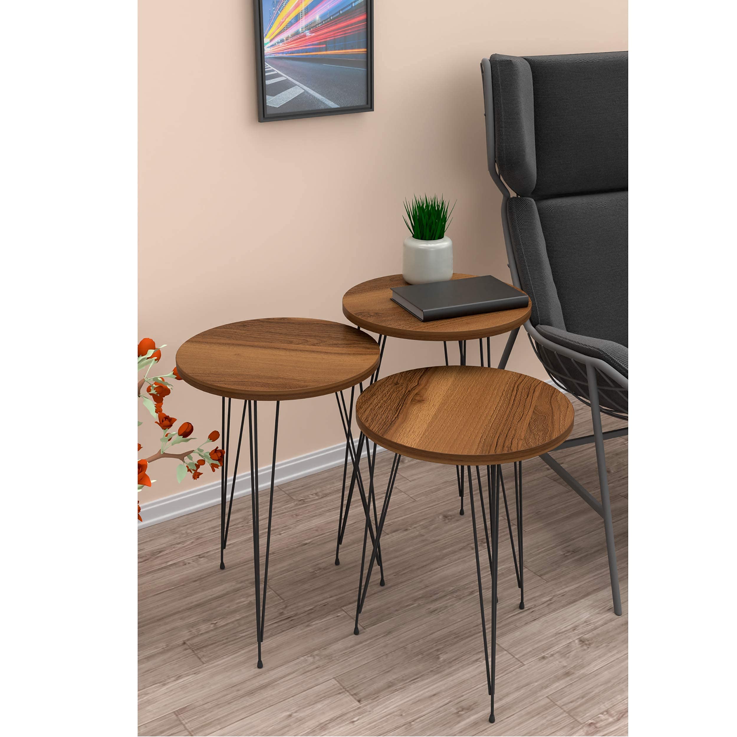 PAK HOME Set of 3 Round Walnut Nesting End Tables - Stackable Wood Coffee & Side Tables with Metal Legs for Living Room, Bedroom, Home Office | Perfect for Small Spaces, Modern Decor & Multi-Level Storage