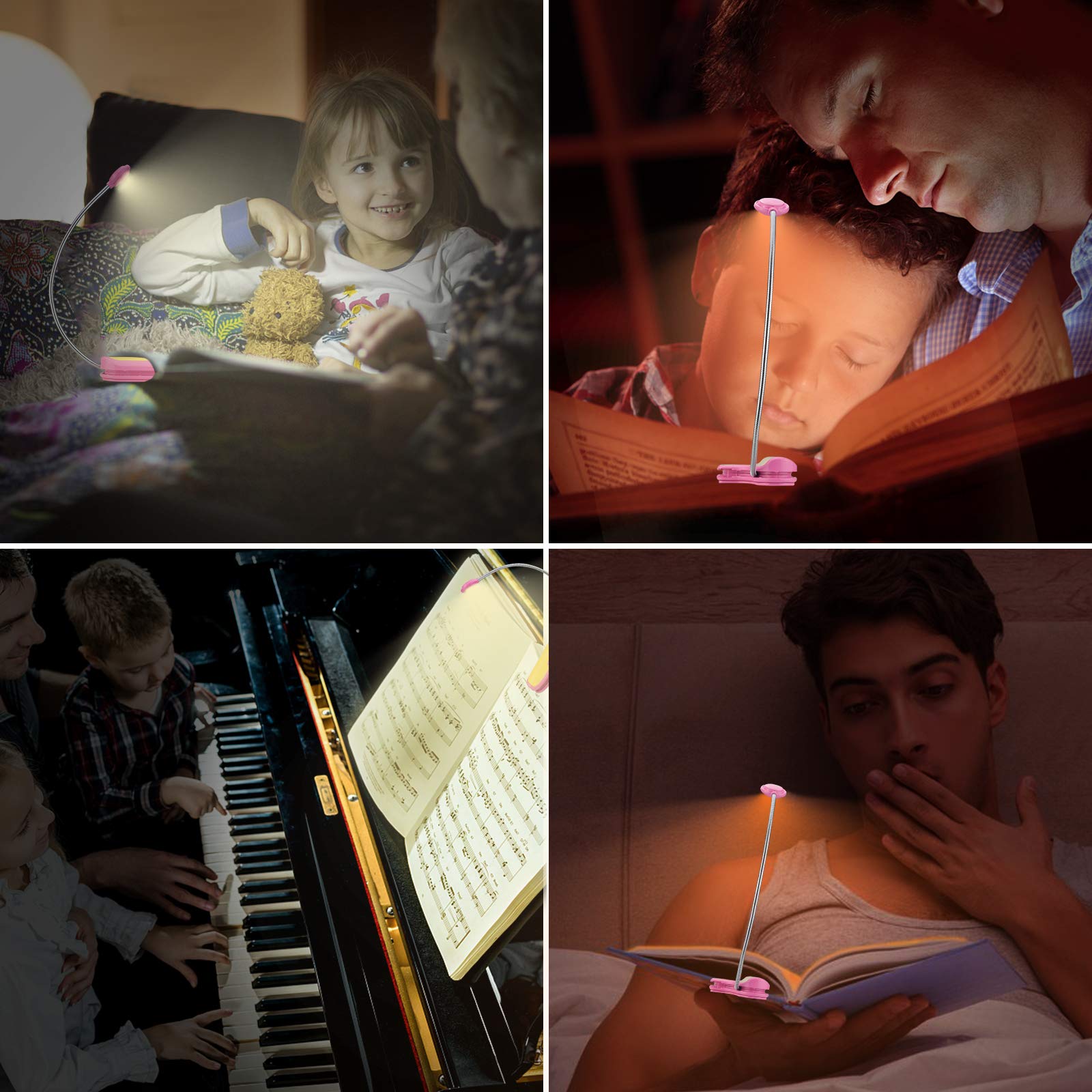 BIGMONAT Rechargeable LED Reading Light for Kids - Portable Amber Book Light with 360° Rotatable Neck, Wireless Clip-On Lamp for Night Reading, Study, and Travel (Pink) - Perfect for Bedtime Stories, Homework, and Camping