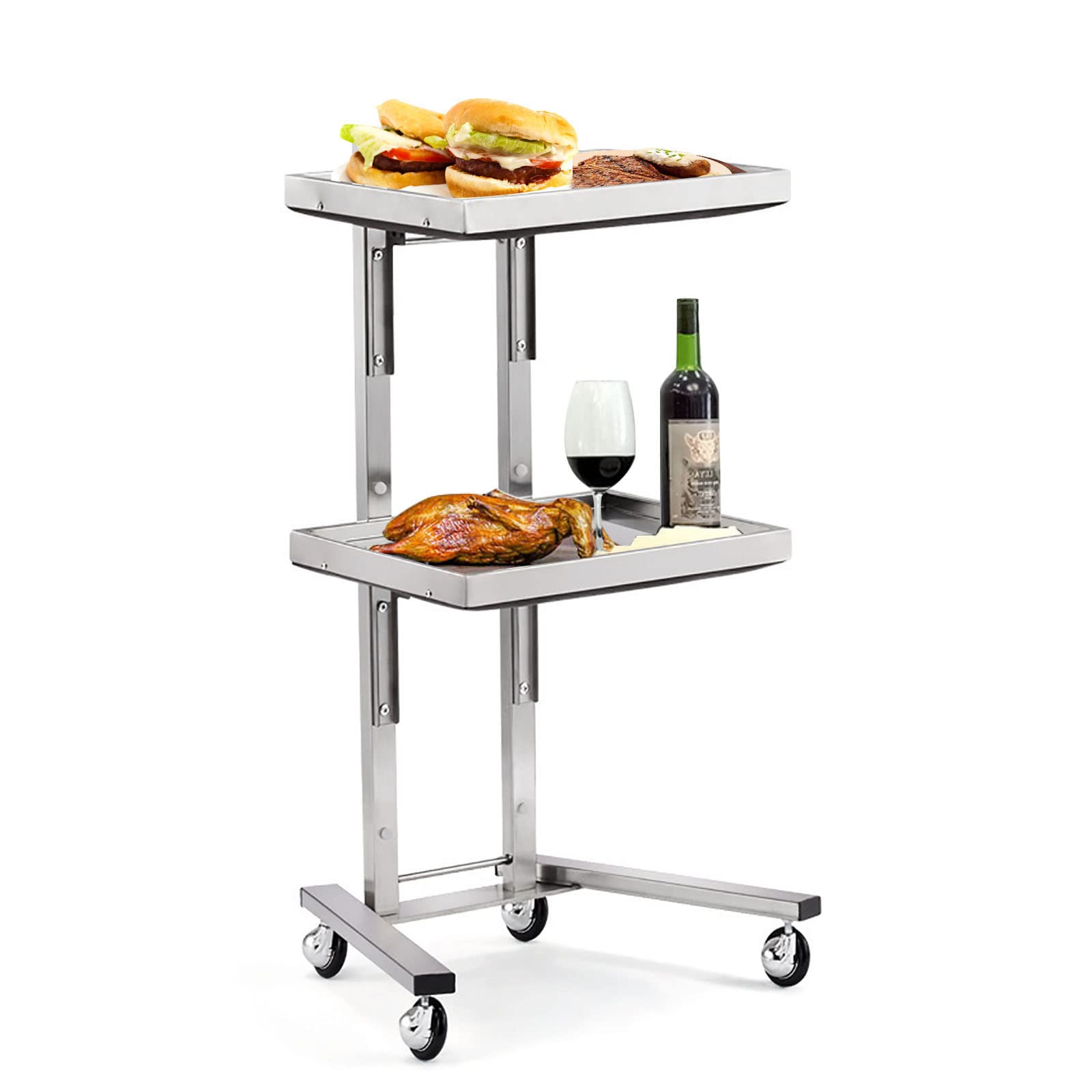 2-Tier Stainless Steel Rolling Cart with Wheels - Heavy Duty Metal Utility Trolley for Salon, Kitchen, Bedroom & Tattoo Shop Storage | Mobile Organizer for Beauty Supplies, Cooking Utensils & Home Essentials (Silver)