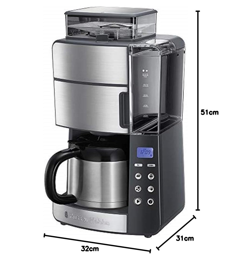 Russell Hobbs American Coffee Maker with Built-in Grinder - Digital Timer, Optimal Extraction & Aroma Filter - Thermal Carafe (10 Cups Max, 3 Grind Levels, Grind & Brew 25620-56) - Perfect for Home, Office, or Entertaining Guests
