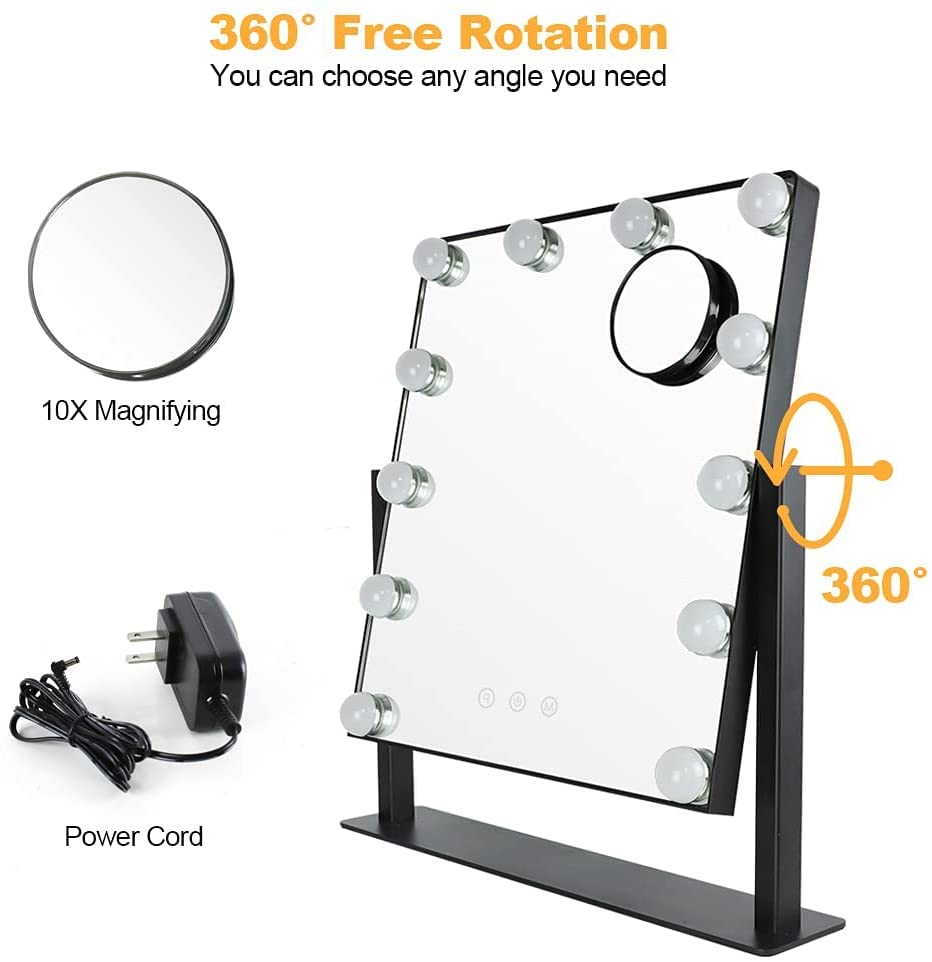 Depuley 18 x 17 Inch LED Makeup Mirror with 12 Dimmable Lights, 3 Color Modes & Touch Control - 360° Adjustable Vanity Mirror with 10X Magnification (47 x 44 cm) for Professional Makeup, Skincare & Salon Use