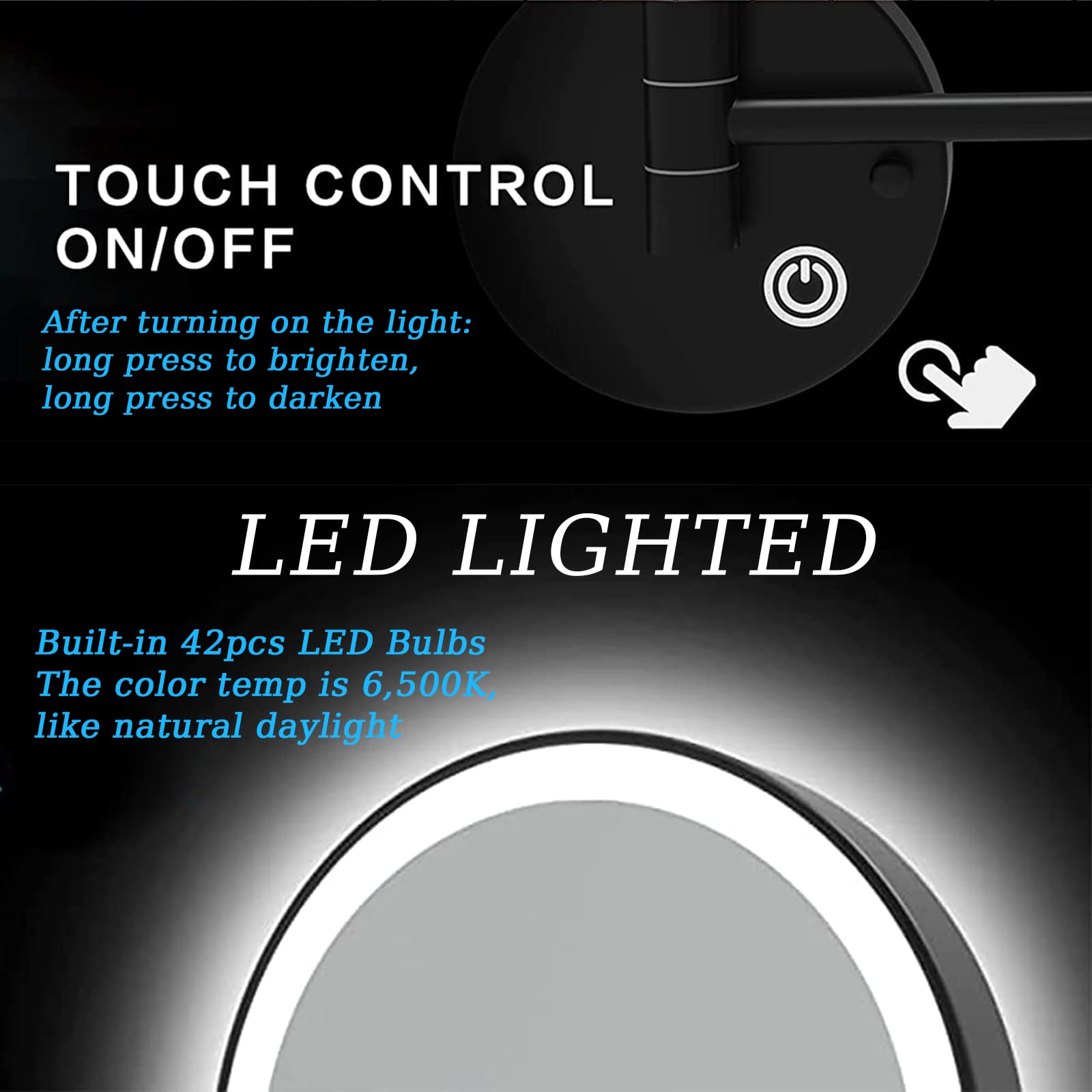 10X Magnifying LED Makeup Mirror with Lights - 360° Swivel & Extendable Arm, Wall Mounted Double Sided Vanity Mirror for Professional Makeup Application, Black (Hard Wired) - Perfect for Home Dressing Room, Salon, and Beauty Studio