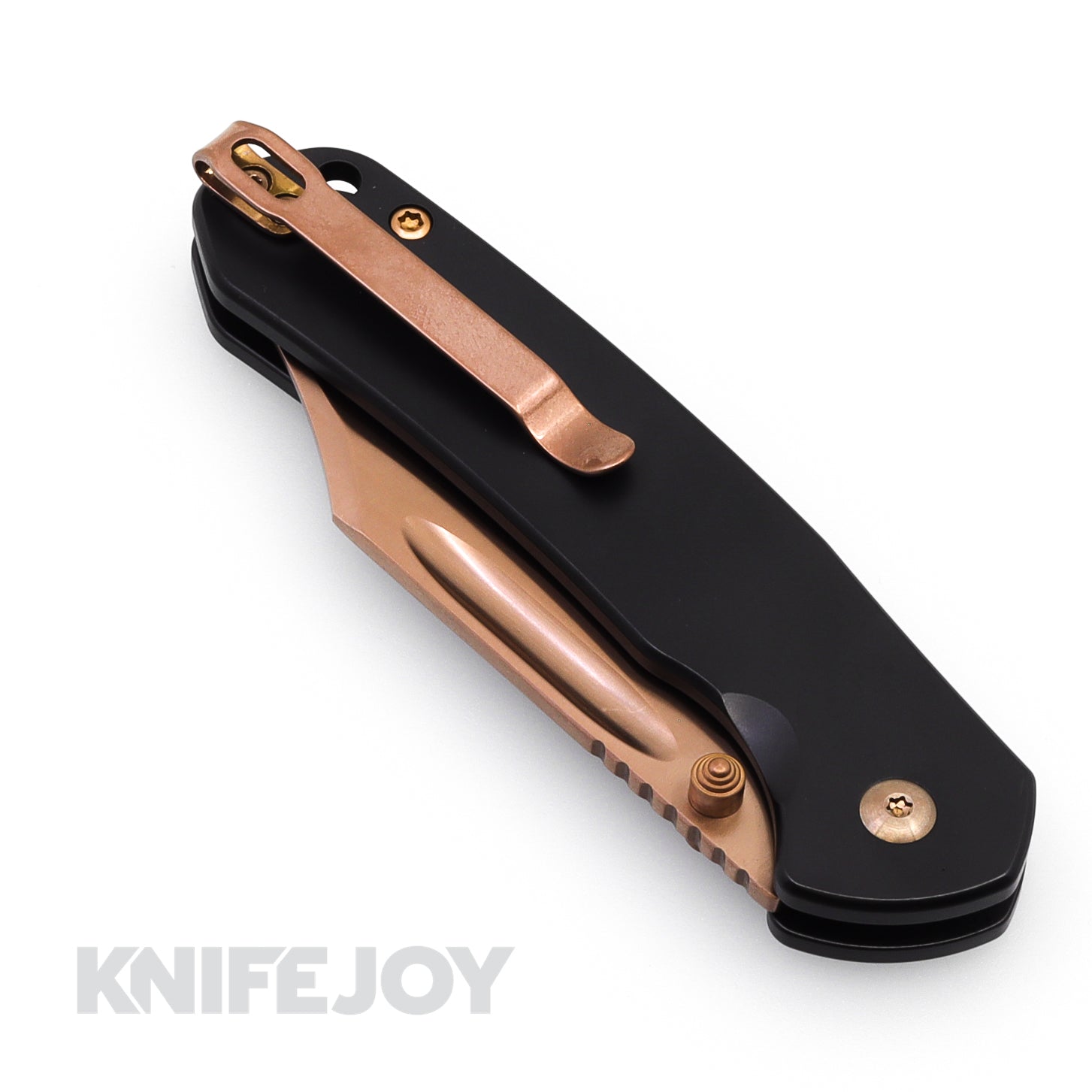 CJRB Pyrite Button Lock Folding Knife - Rose Gold Clip Point Blade, Black Steel Handles - EDC Pocket Knife for Outdoor, Camping & Everyday Carry