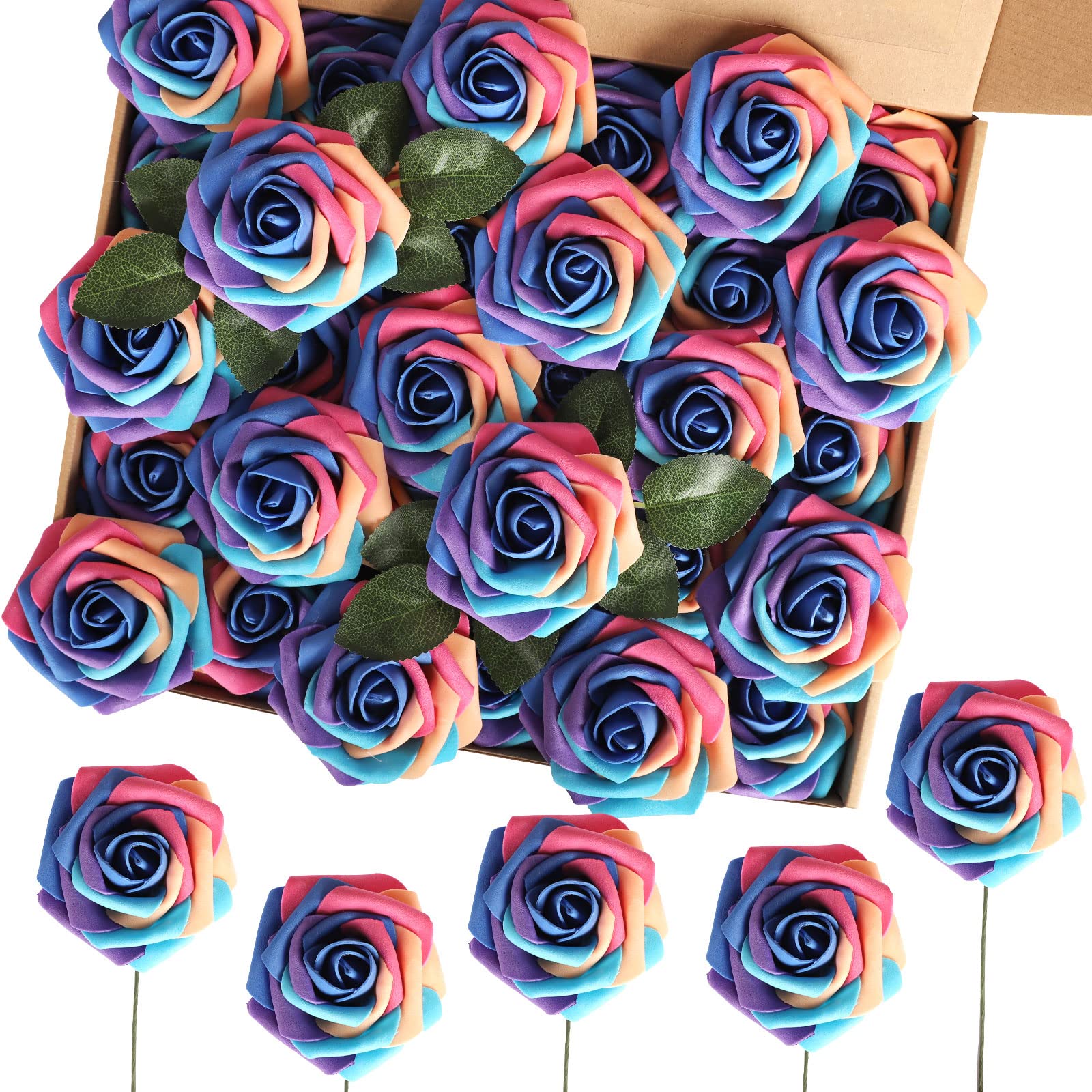 60pcs Realistic Artificial Rose Flowers - Rainbow Foam Fake Roses with Stems for DIY Wedding Bouquets, Baby Shower Centerpieces, Party Decorations, Home & Spring Decor - Perfect for Table Arrangements, Gift Wrapping, and Floral Crafts