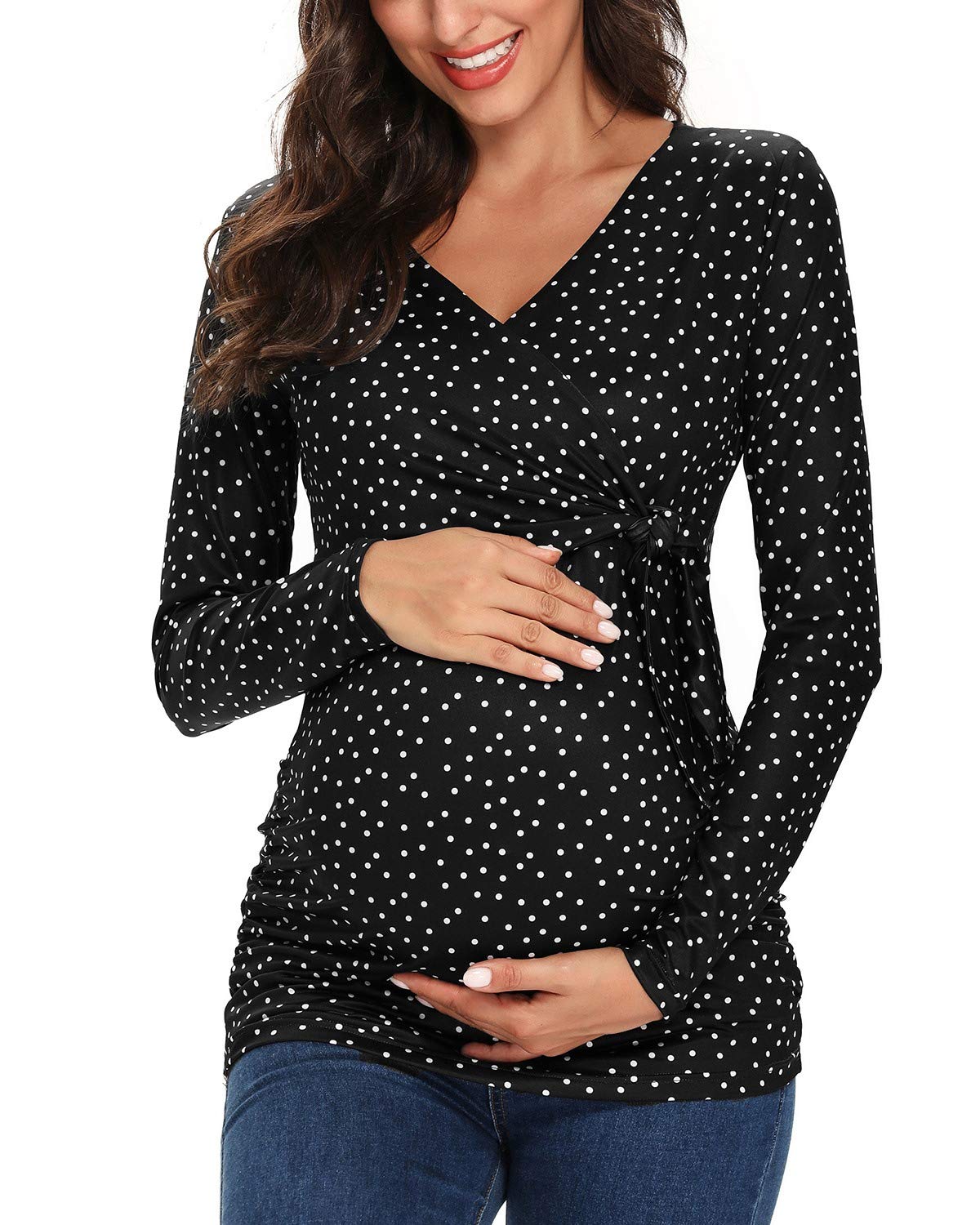 Glampunch Women's Maternity Shirts - Short & Long Sleeve Tie Front Wrap Tops for Pregnancy - Perfect for Work, Casual Wear & Maternity Photos