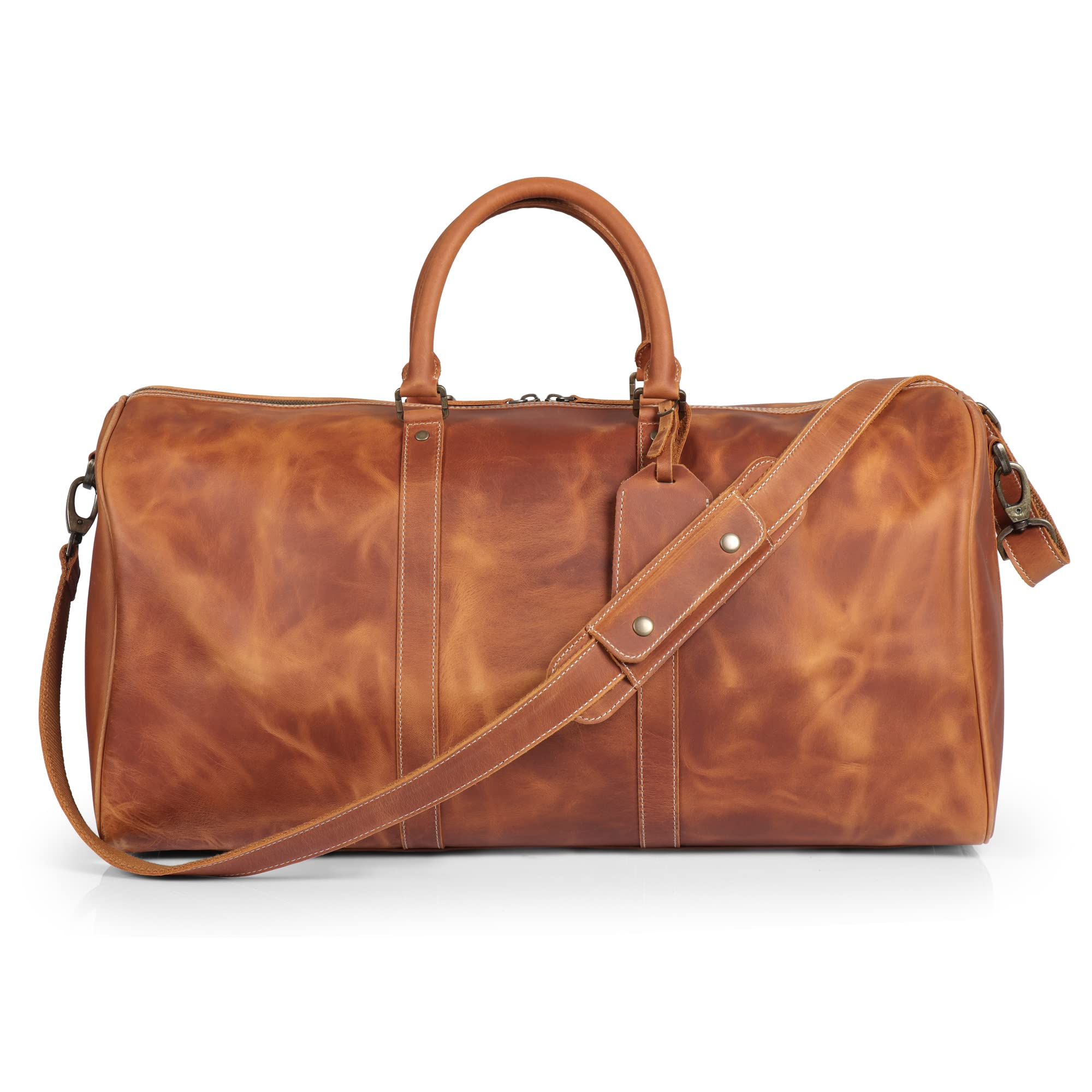 Premium Genuine Top Grain Leather Duffle Bag - Vintage Retro Travel & Gym Bag for Men & Women - Adjustable Shoulder Strap & Interior Pockets - Perfect for Weekend Getaways, Business Trips & Workout Sessions