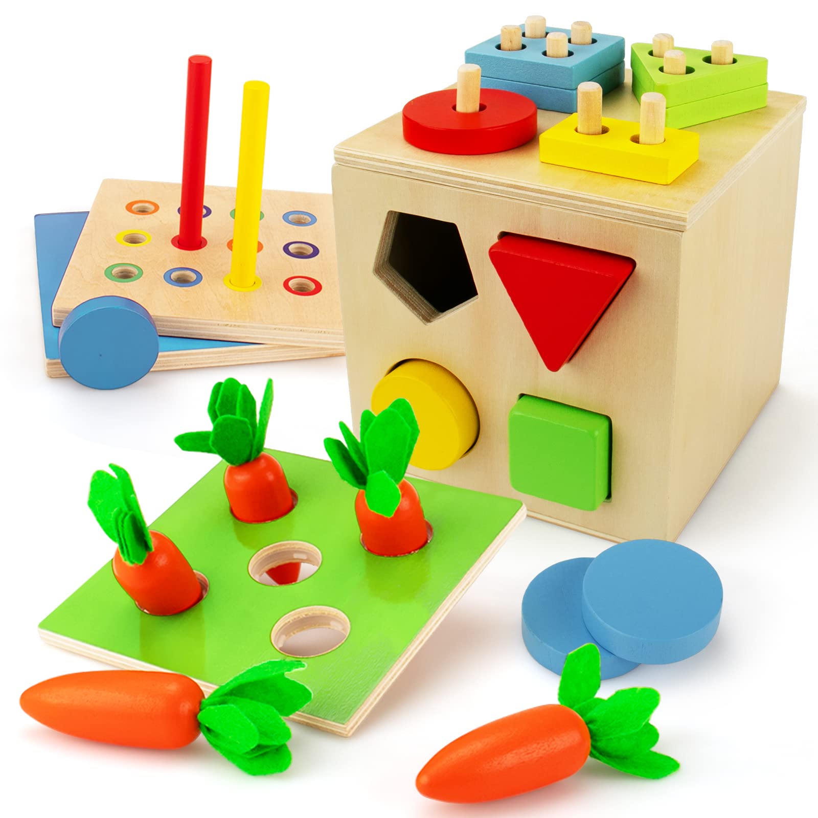 Smikoo 5-in-1 Montessori Wooden Toys Set - Coin Bank, Carrot Harvest Game, Color Matching Sticks, Shape Sorting Cube - Educational Learning Toys for Toddlers & Preschool Kids | Perfect for Early Childhood Development & Montessori Classroom Activities