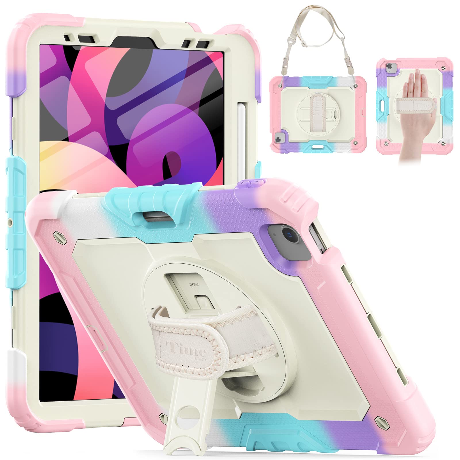 Timecity Protective Case for iPad Air 5th/4th Gen (2022/2020) 10.9 Inch - 360° Rotating Stand with Screen Protector, Pencil Holder & Adjustable Hand/Shoulder Strap - Pink Camo Design | Perfect for Work, Travel & School Use