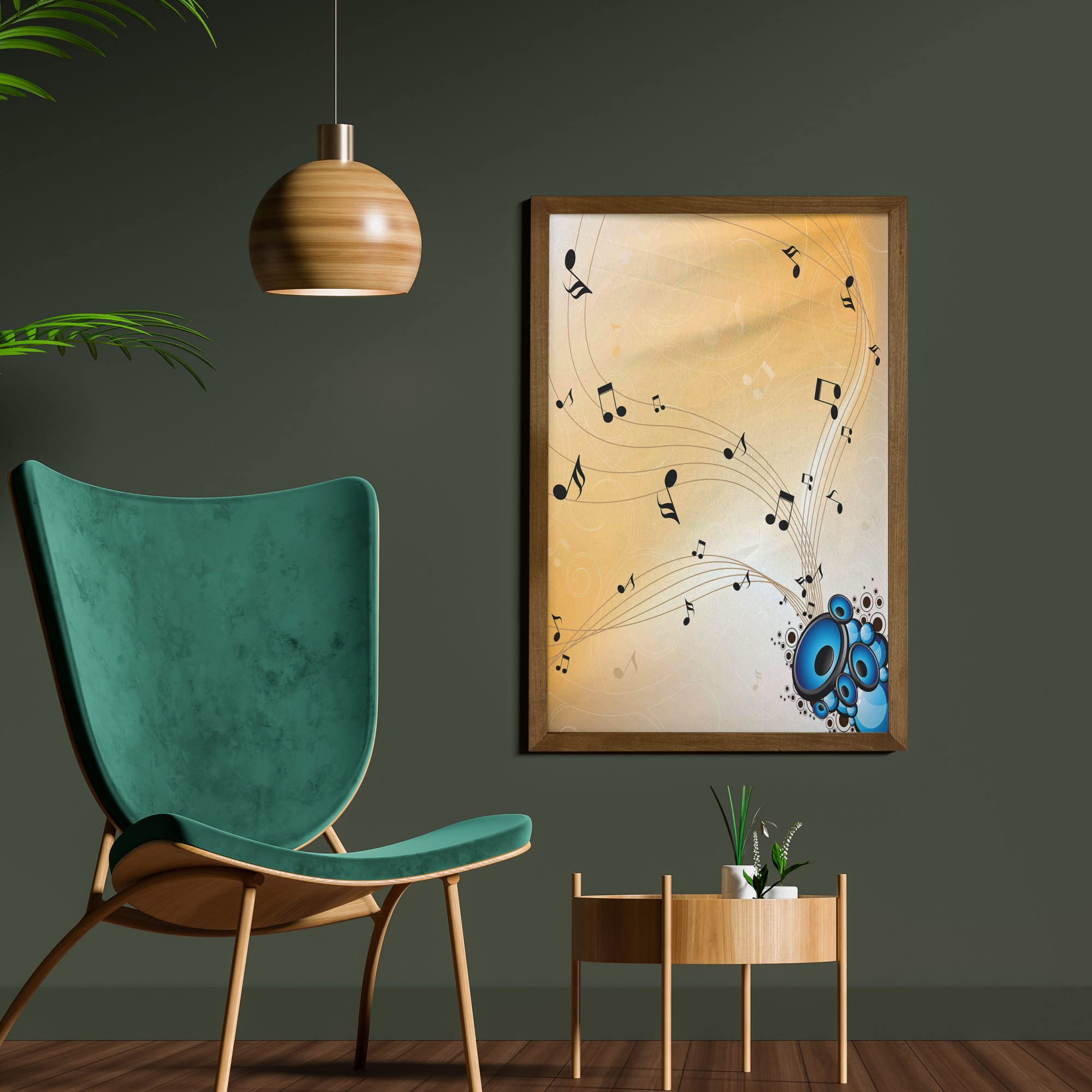 Ambesonne Abstract Music Wall Art with Flying Notes & Speakers, Teak Wood Frame, 23