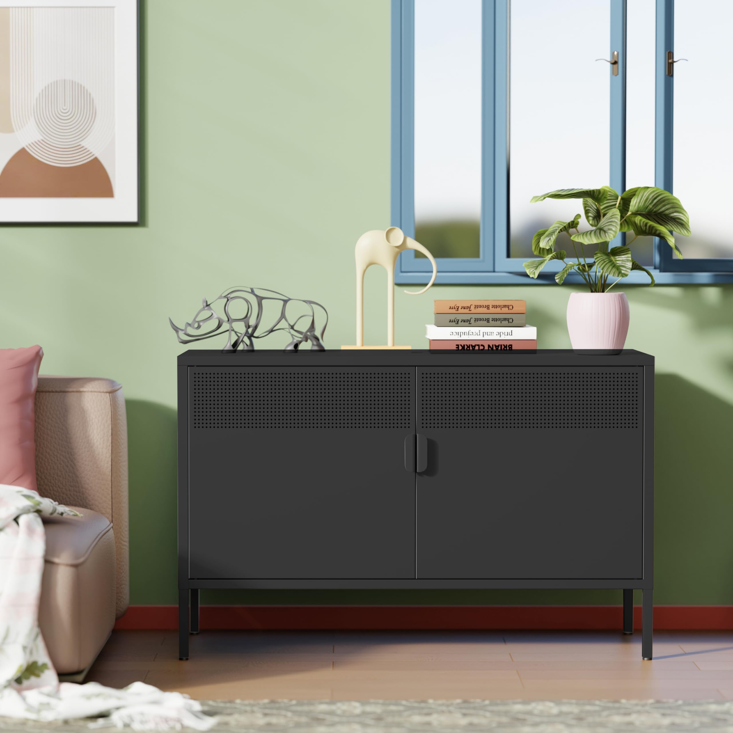 Black Wide Metal Locker Storage Cabinet - 2 Door Industrial Style Cabinet for Home & Office Organization - 2 Tier Low Profile Metal Cabinet with Adjustable Shelf - Multipurpose TV Stand, Entryway Storage & Closet Organizer - Perfect for Living Room, Bedroom, Office or Garage Storage Solutions