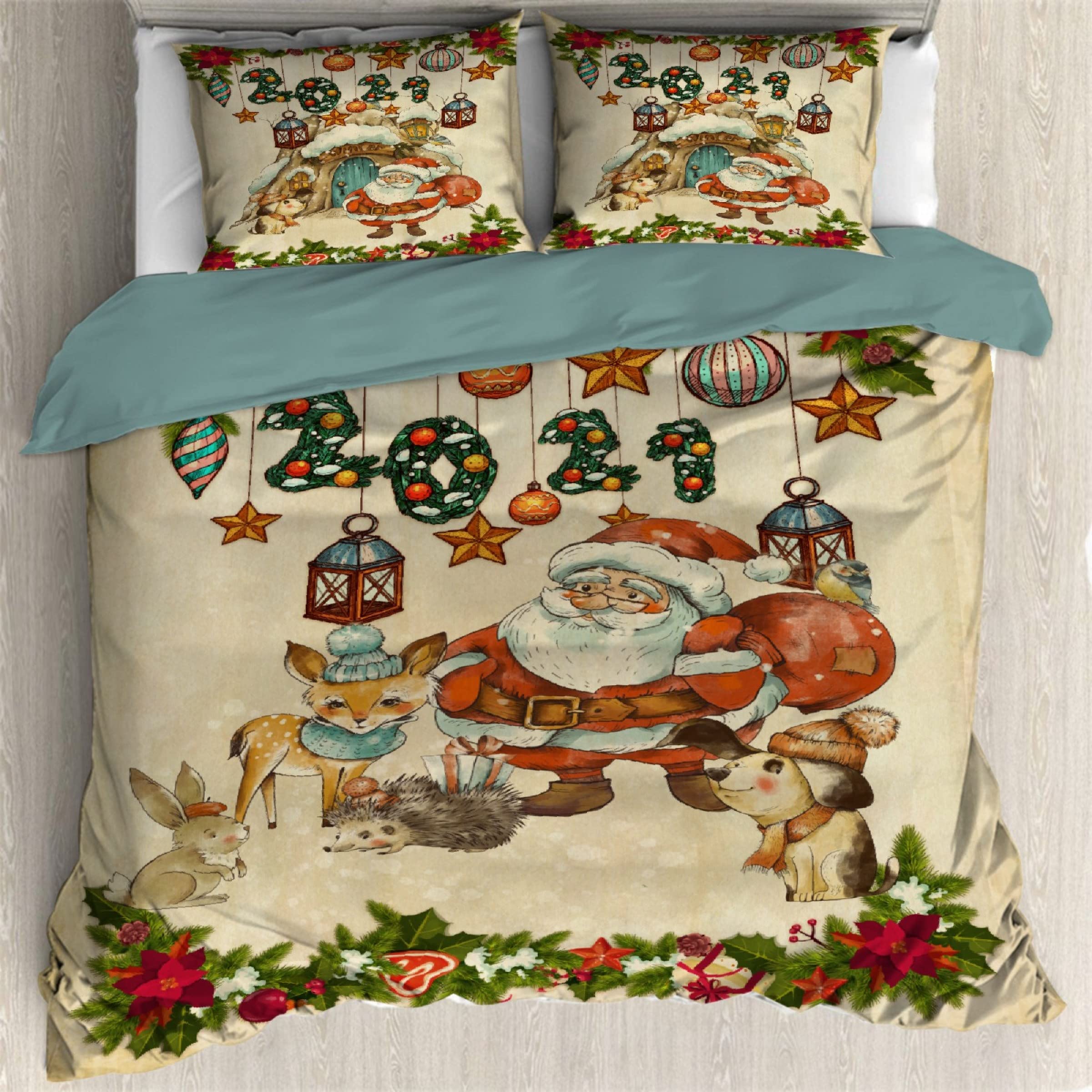 Retro Christmas Elk Puppy and Santa Duvet Cover Set - Soft Cozy 3-Piece Comforter Cover for Twin Bed (68