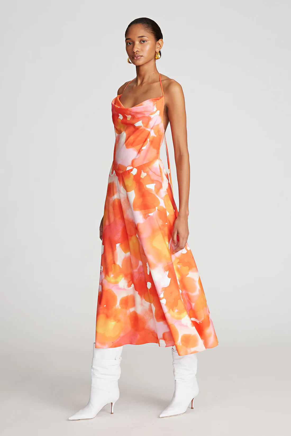 Avni Crepe De Chine Dress - Sunset Watercolor Floral Print, Elegant Flowy Midi Dress for Women, Perfect for Summer Weddings, Garden Parties & Date Nights