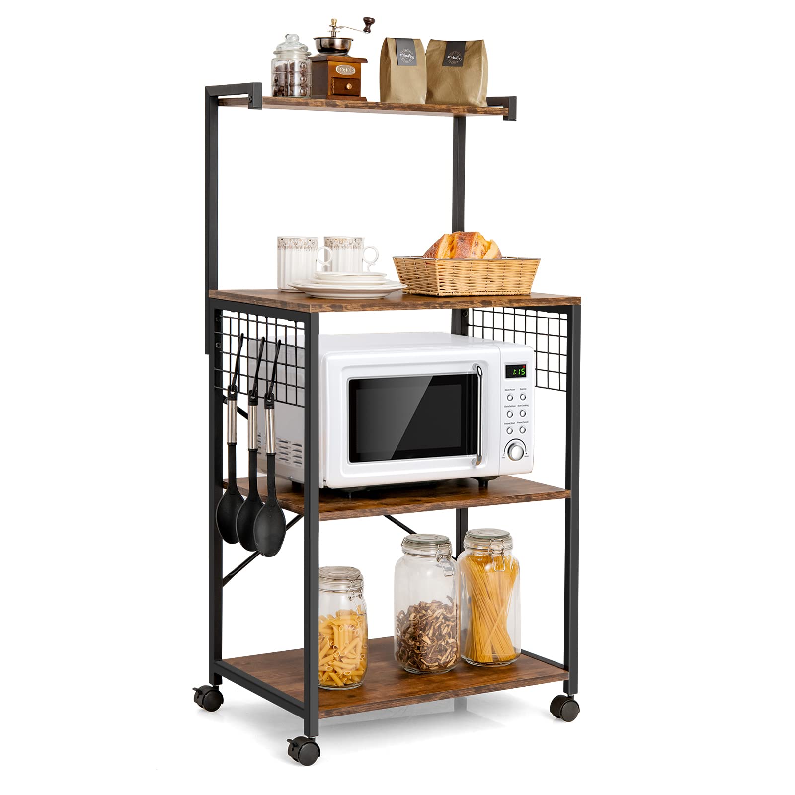 Giantex Industrial Rolling Kitchen Baker Rack with Wheels - 3 Hooks, Wood Shelves & Metal Frame - Microwave Stand, Storage Shelf for Dining Room & Pantry Organization (Rustic Brown) - Perfect for Small Kitchens, Bakeries & Home Storage Solutions