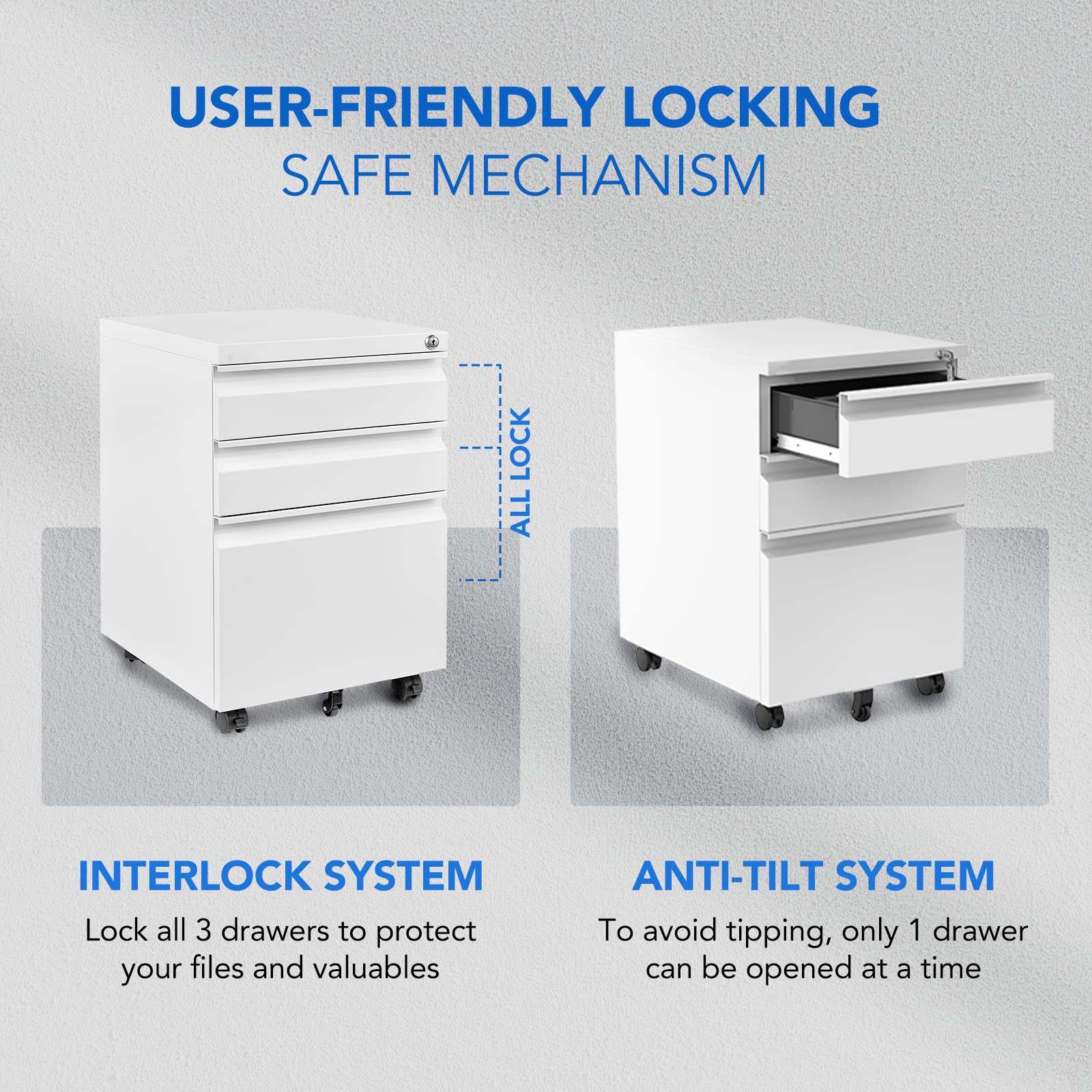 FlexiSpot 3-Drawer Mobile File Cabinet with Lock & Keys - Under Desk Storage for Home Office - Organize Legal, Letter & A4 Files - White - Perfect for Small Spaces & Clutter-Free Workspaces