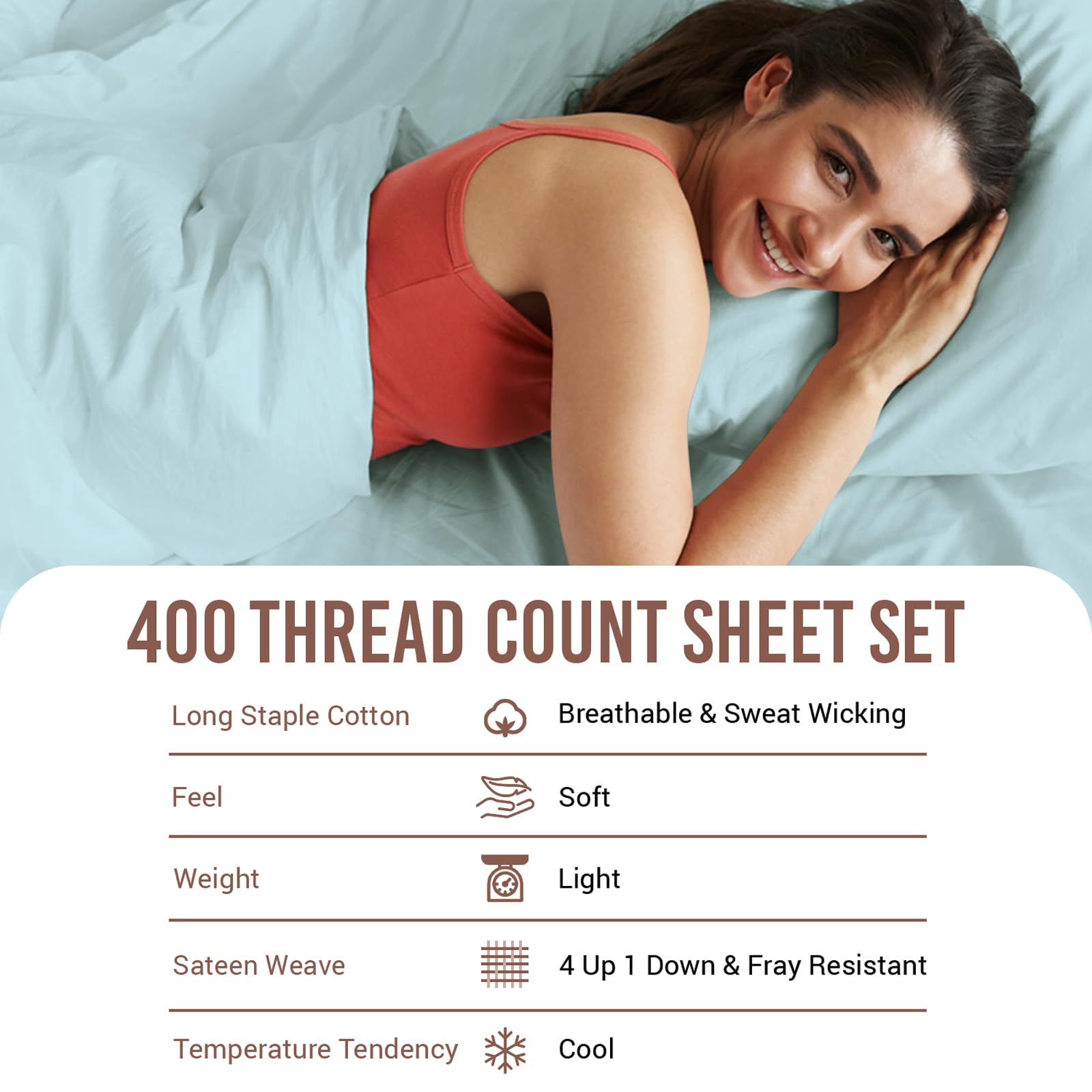 Pizuna Pure 100% Cotton Twin Size Sheets - 400 Thread Count Luxury Sateen Bedding Set with 15