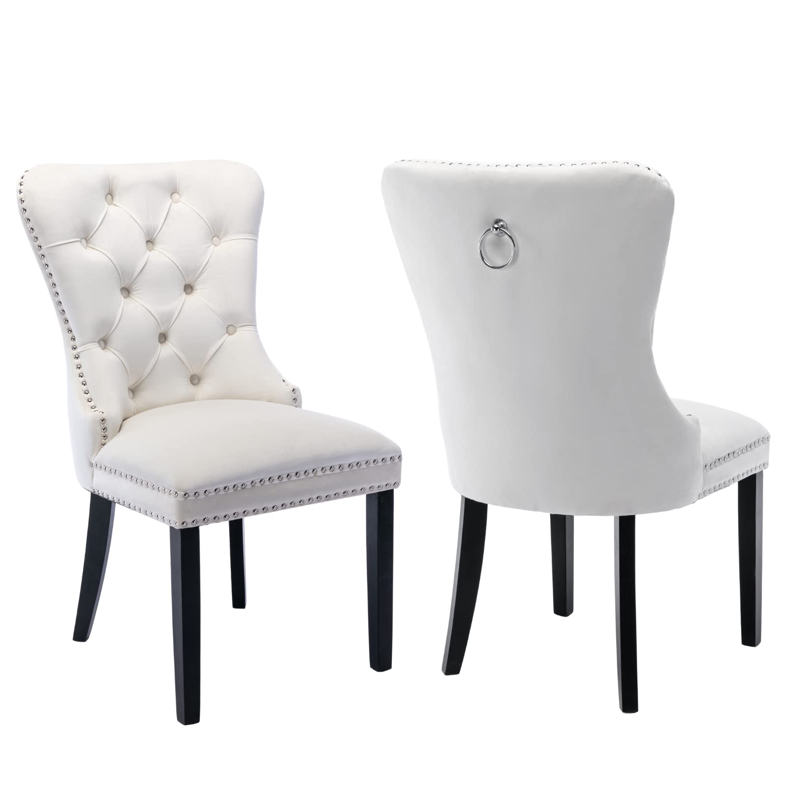Velvet Upholstered Dining Chairs Set of 2 - Modern Tufted Armless Side Chairs with Button & Nailhead Trim, Ivory with Ring Back - Perfect for Dining Room, Kitchen, Office or Living Room Seating