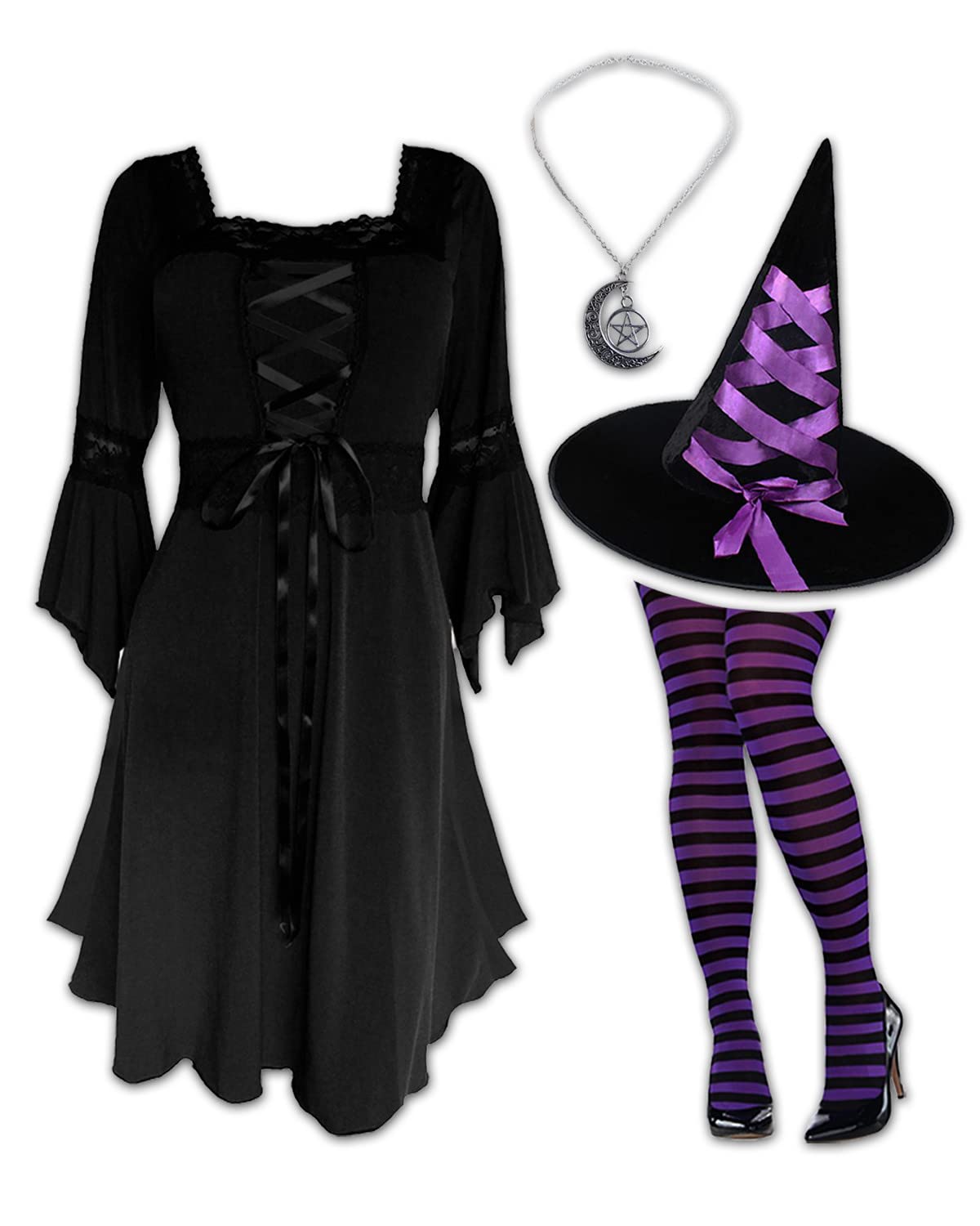 Witch Costume for Women - Gothic Sorceress Dress with Ribbon Hat, Pentagram Necklace & Striped Tights | Renaissance Halloween Outfit for Parties, Cosplay & Witch-Themed Events