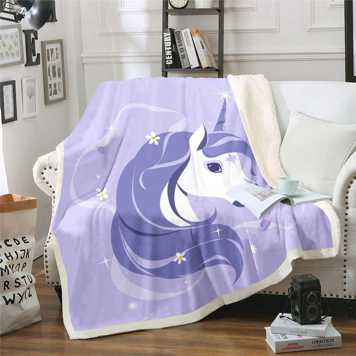 Purple Unicorn Fleece Throw Blanket - 50x60 Inch Soft Sherpa Plush Blanket for Couch, Bed & Sofa - Magical Animal Decor with Fairy Cartoon Pattern - Cozy Fantasy Unicorn Themed Room Decor for Kids, Teens & Adults - Perfect for Gifts, Movie Nights & Winter Warmth