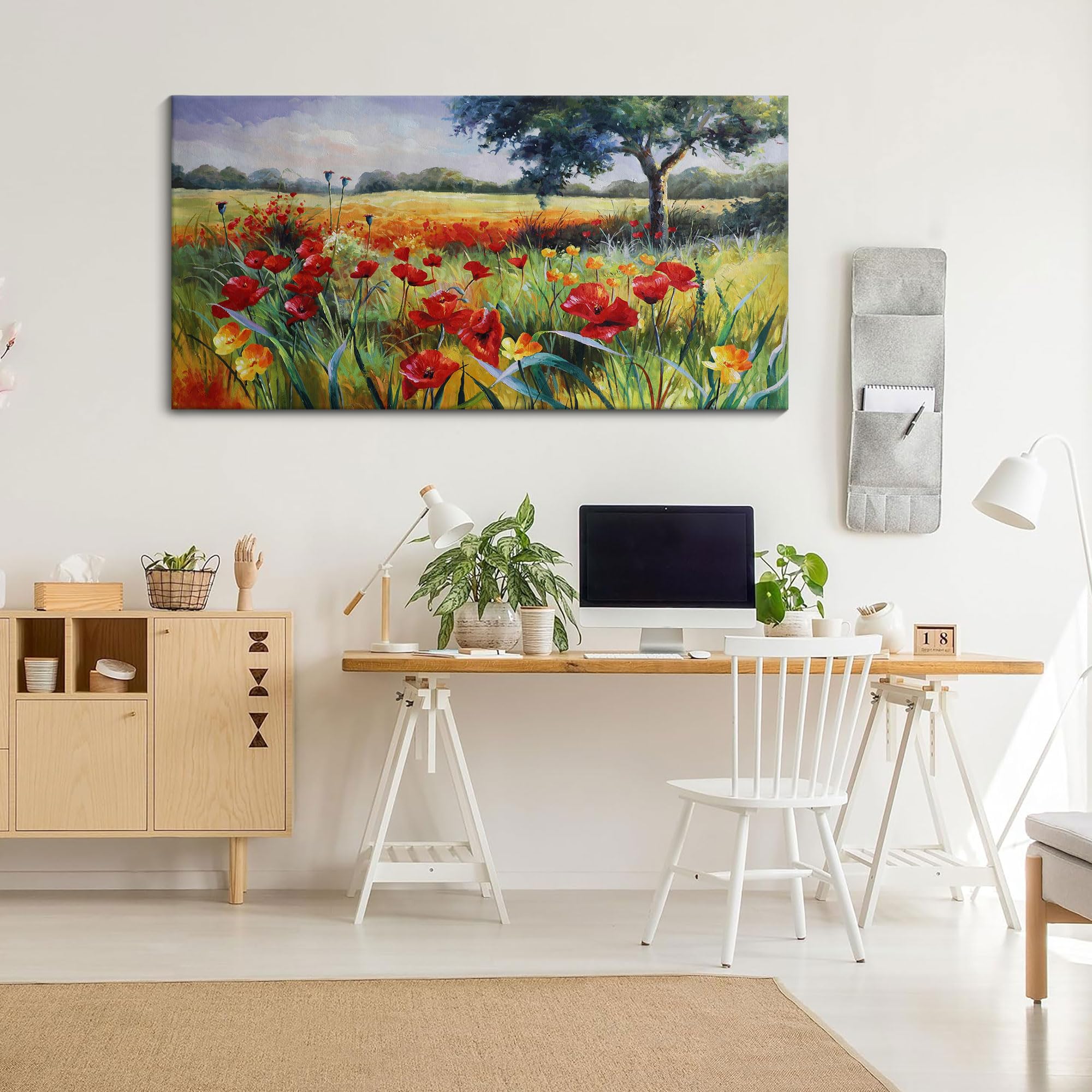 Large Green Trees & Red Yellow Flowers Canvas Wall Art - Modern Nature Prints Framed Decor for Living Room & Bedroom (24x48 Inches) - Perfect for Home, Office & Apartment Decoration
