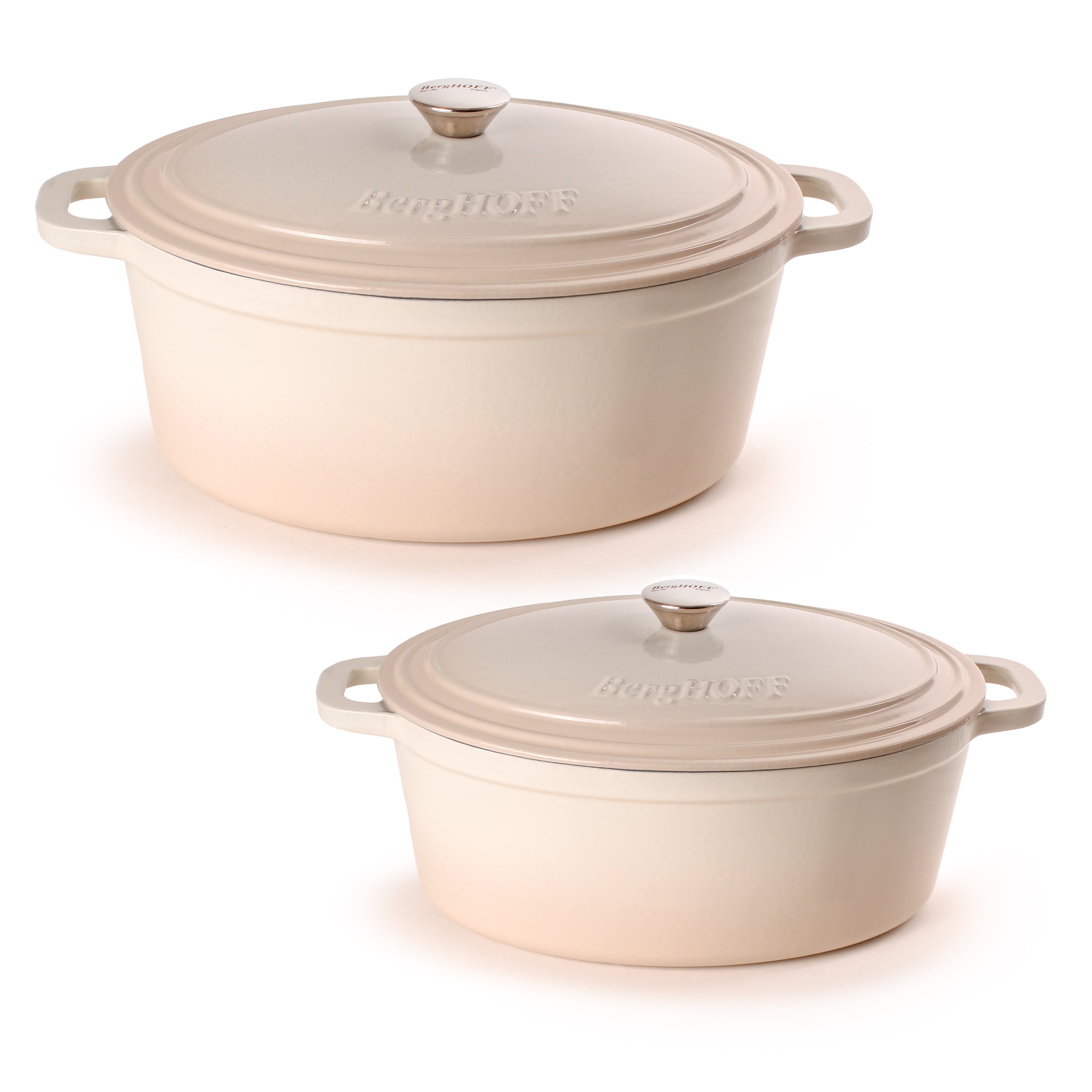 BergHOFF Neo 4-Piece Cast Iron Cookware Set - 5qt & 8qt Oval Dutch Ovens with Matching Lids, Meringue Color - Premium Enameled Cast Iron for Braising, Stewing & Baking - Perfect for Family Dinners, Camping & Holiday Cooking