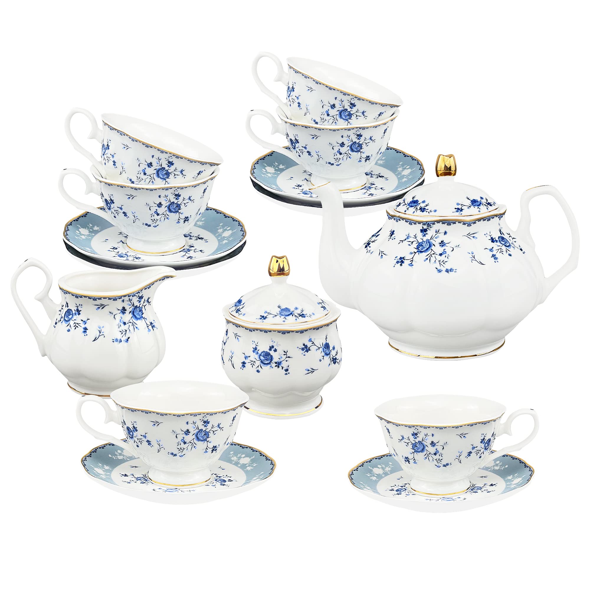 Fanquare 21-Piece Floral Porcelain Tea Set - British Style Tea Cup & Saucer Set for 6, Elegant Blue Roses Tea Party Collection - Perfect for Afternoon Tea, Bridal Showers & Mother's Day Gifts